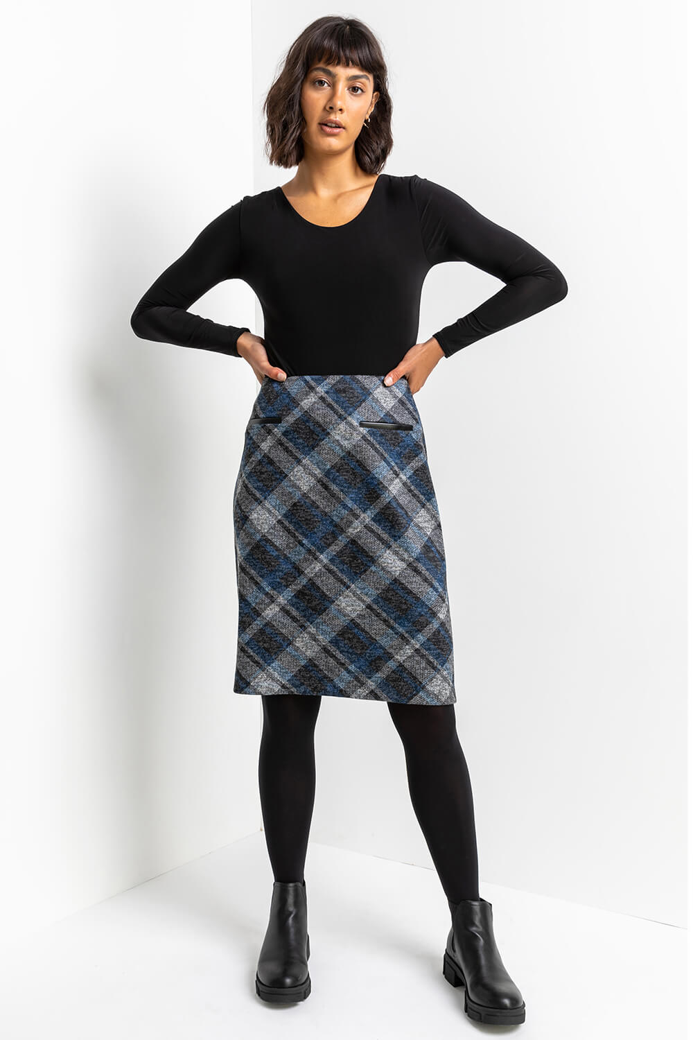 Royal Blue Check Print Textured Skirt, Image 3 of 4