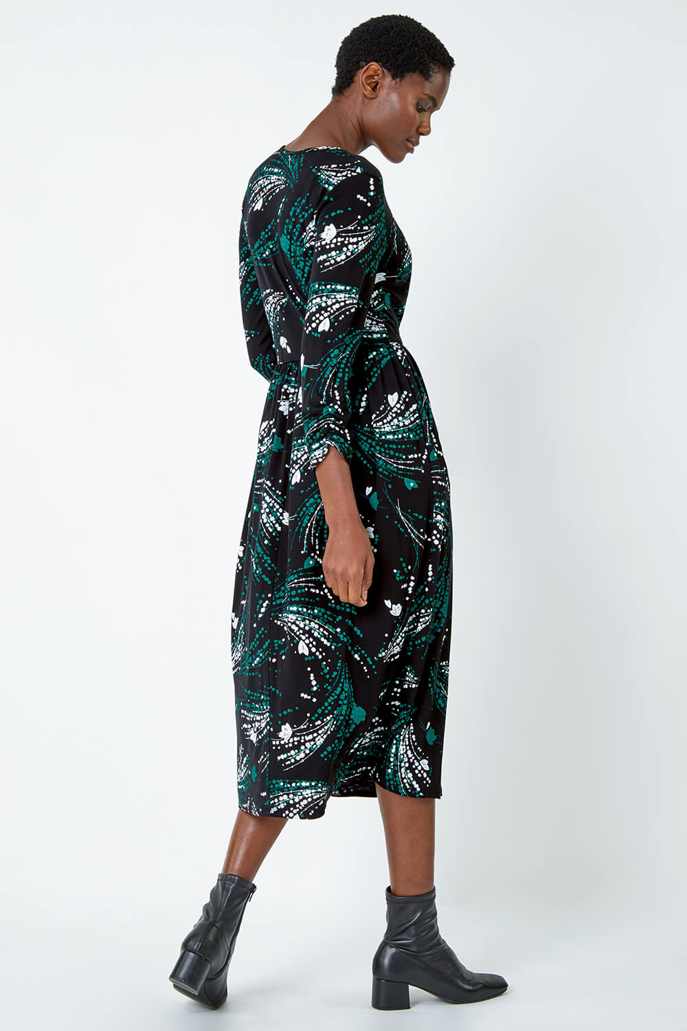 Green Abstract Print Wrap Midi Stretch Dress, Image 3 of 5