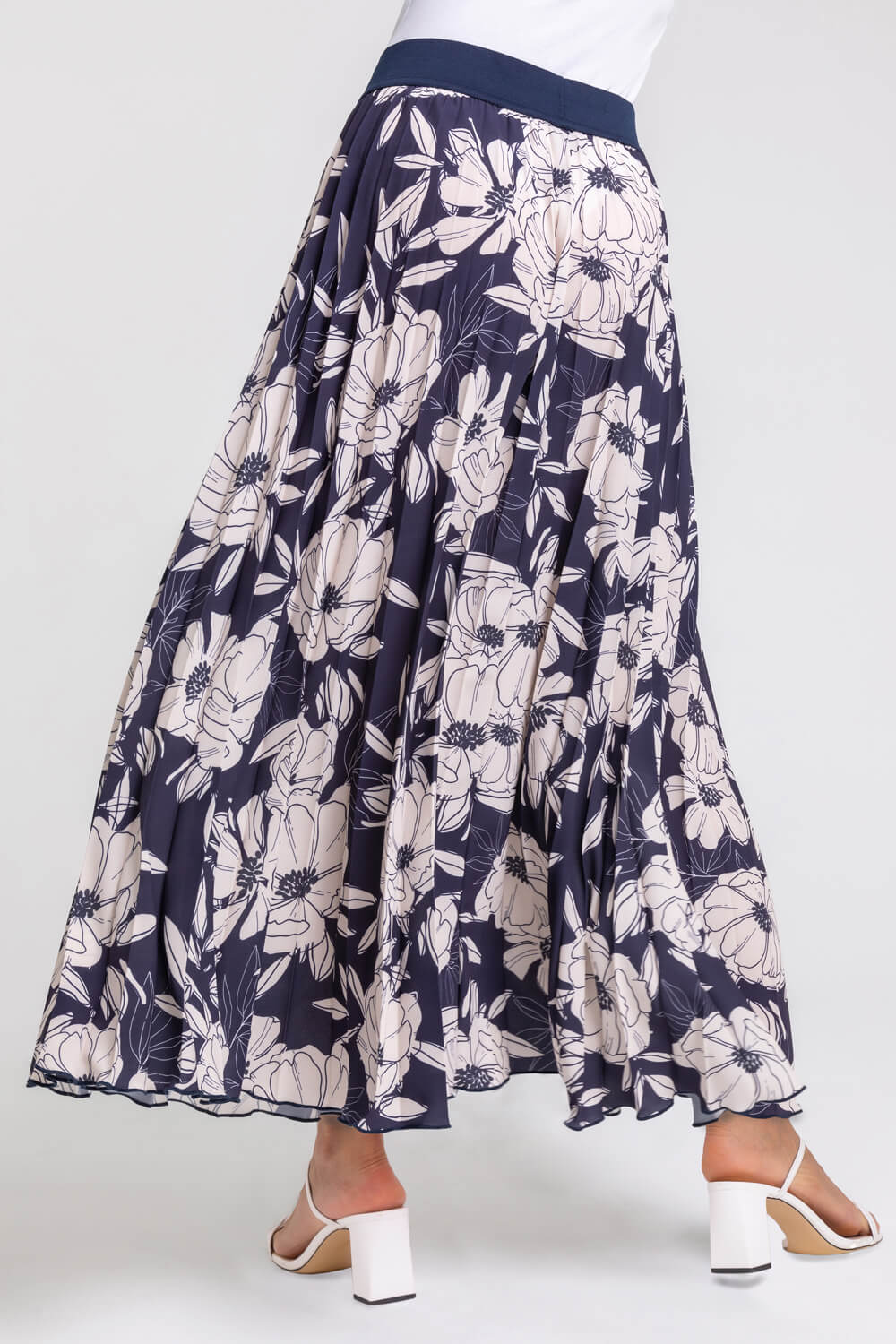 Floral Print Pleated Maxi Skirt in Navy - Roman Originals UK