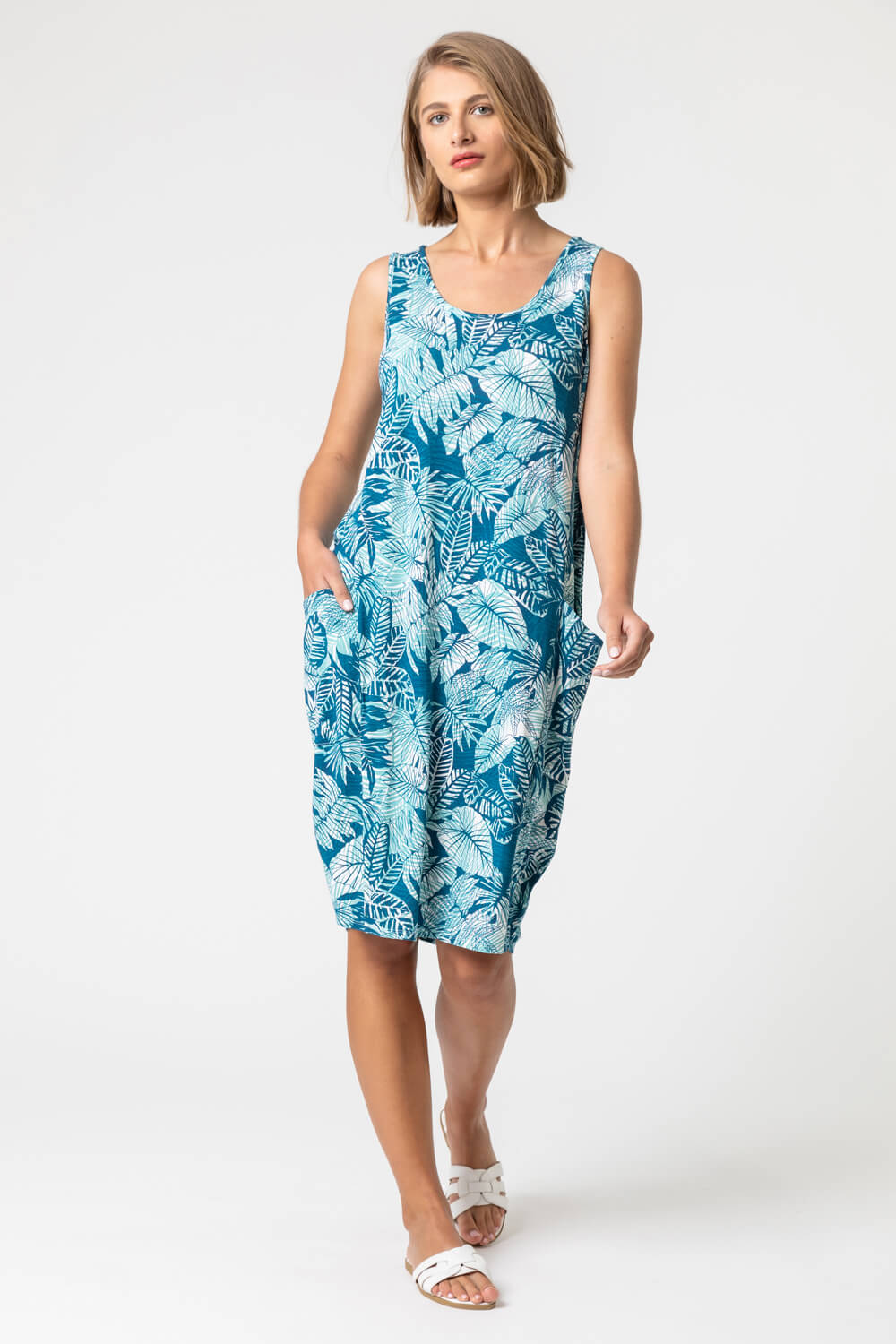 Blue Leaf Print Slouch Pocket Dress, Image 4 of 4