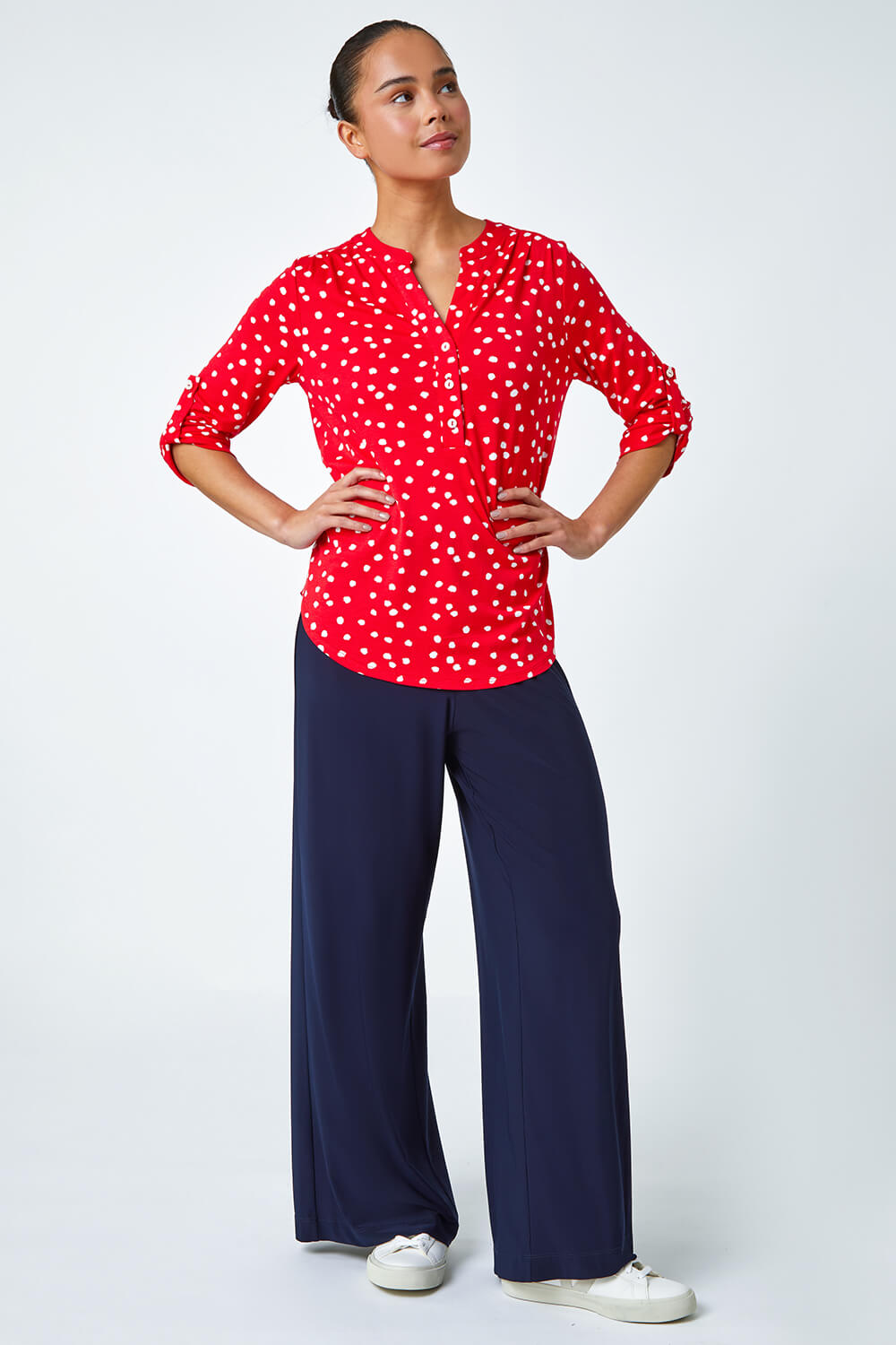 Red Petite Polka Dot Stretch Button Detail Shirt, Image 4 of 5