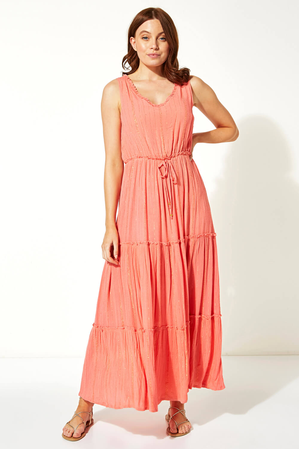 CORAL Tiered Tie Waist Maxi Dress , Image 3 of 4
