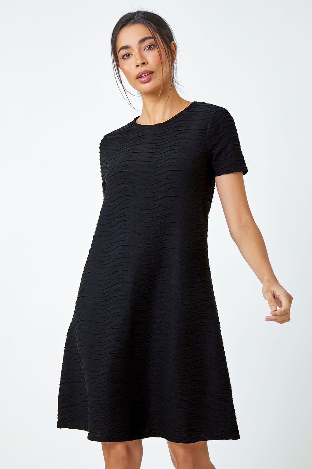 Black Textured A-Line Stretch Dress, Image 2 of 5
