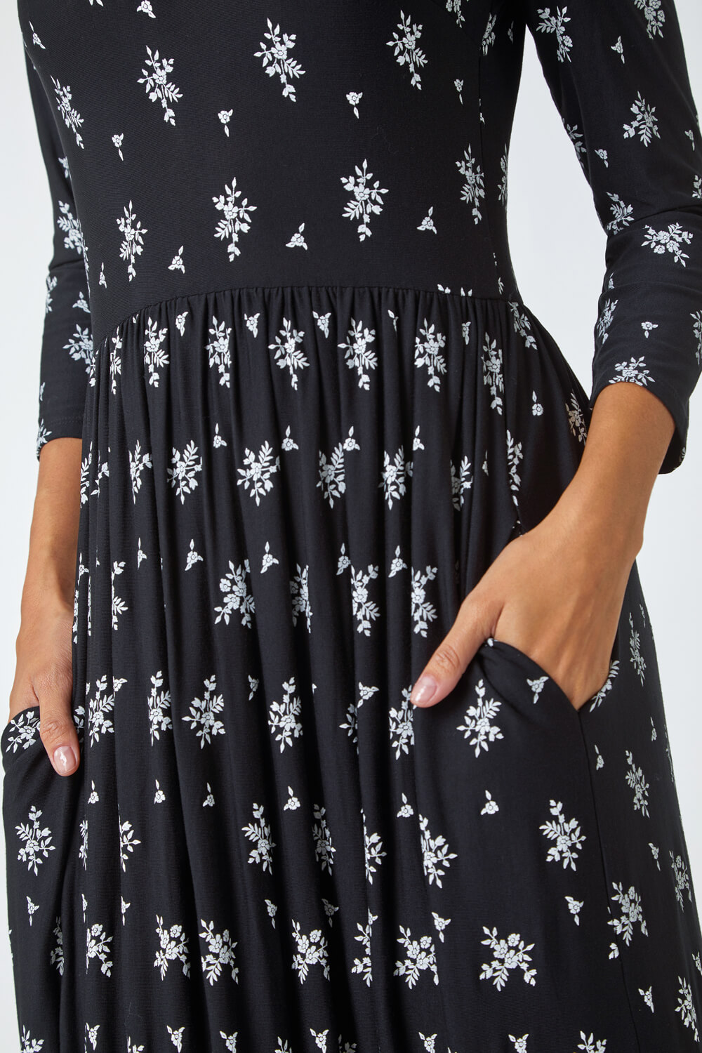 Black Floral Border Print Maxi Stretch Dress, Image 5 of 5
