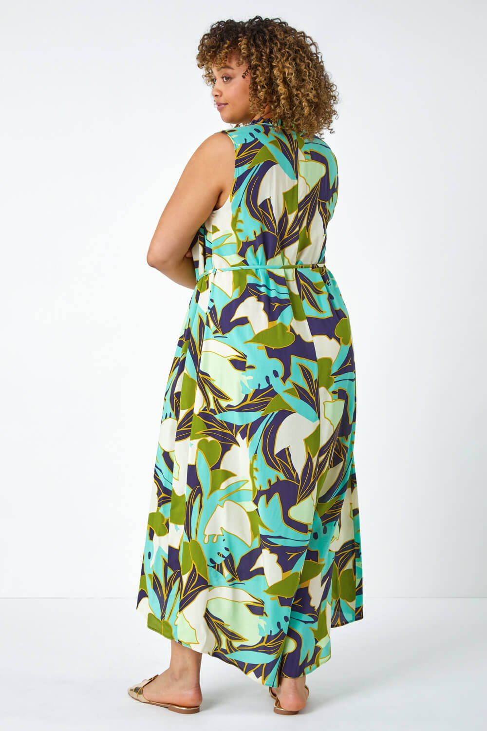 Lime Curve Leaf Print Tie Neck Midi Dress, Image 3 of 5