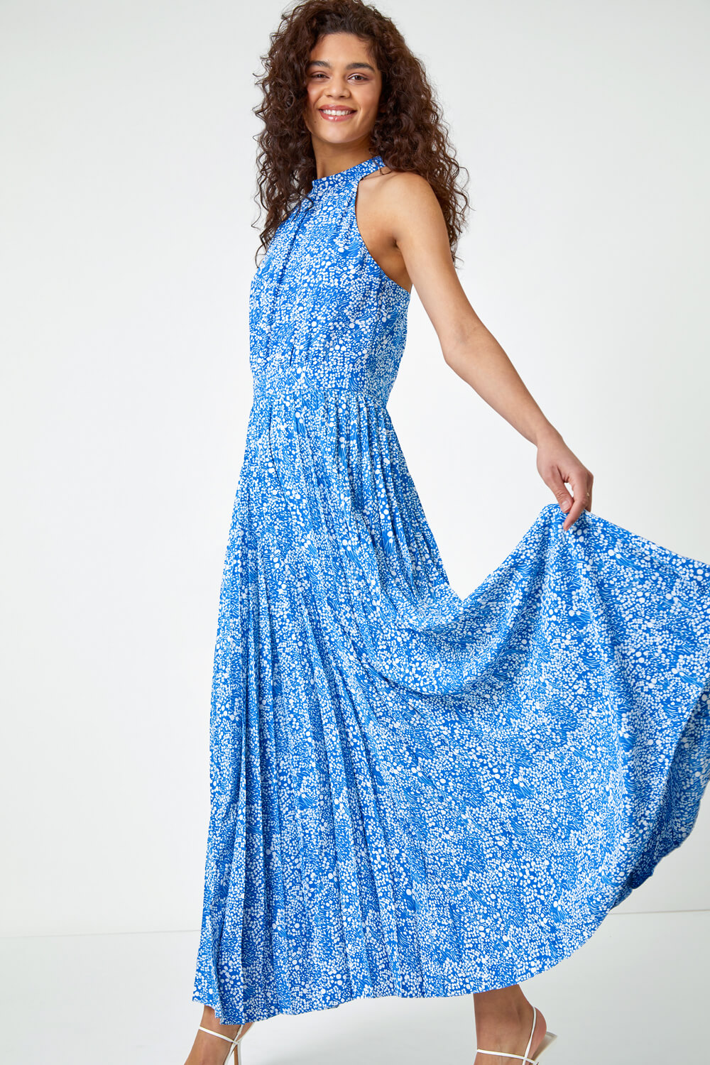 Royal Blue Ditsy Floral Halter Neck Maxi Dress, Image 2 of 5
