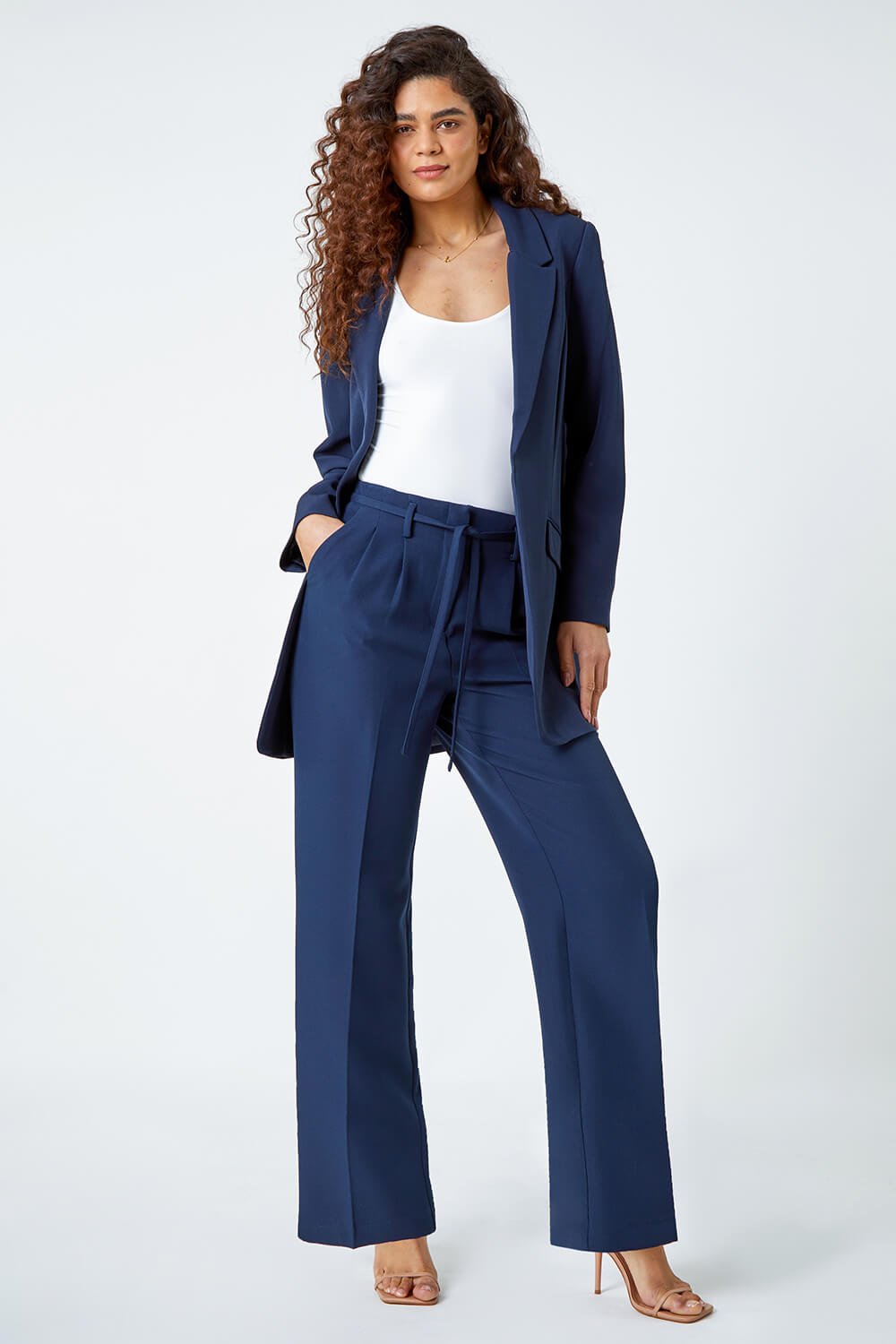 Navy  Crepe Stretch Straight Leg Trousers, Image 2 of 6