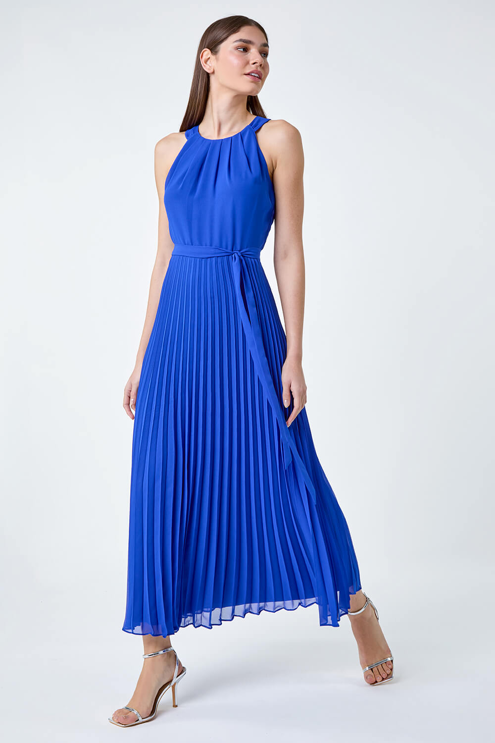 Royal Blue Pleated Halter Neck Maxi Dress, Image 2 of 5