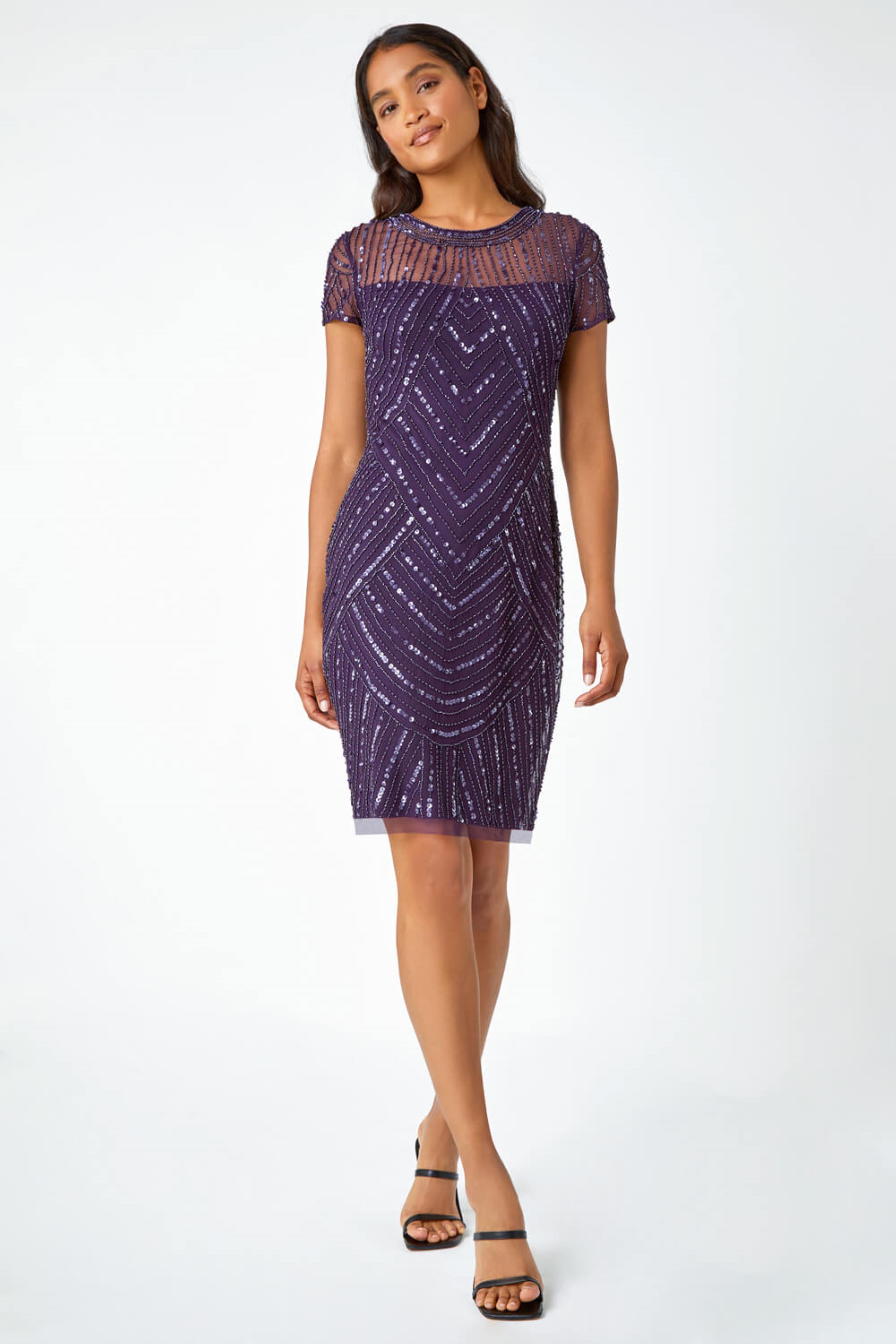 Purple Sequin Embellished Sheer Shift Dress, Image 2 of 5