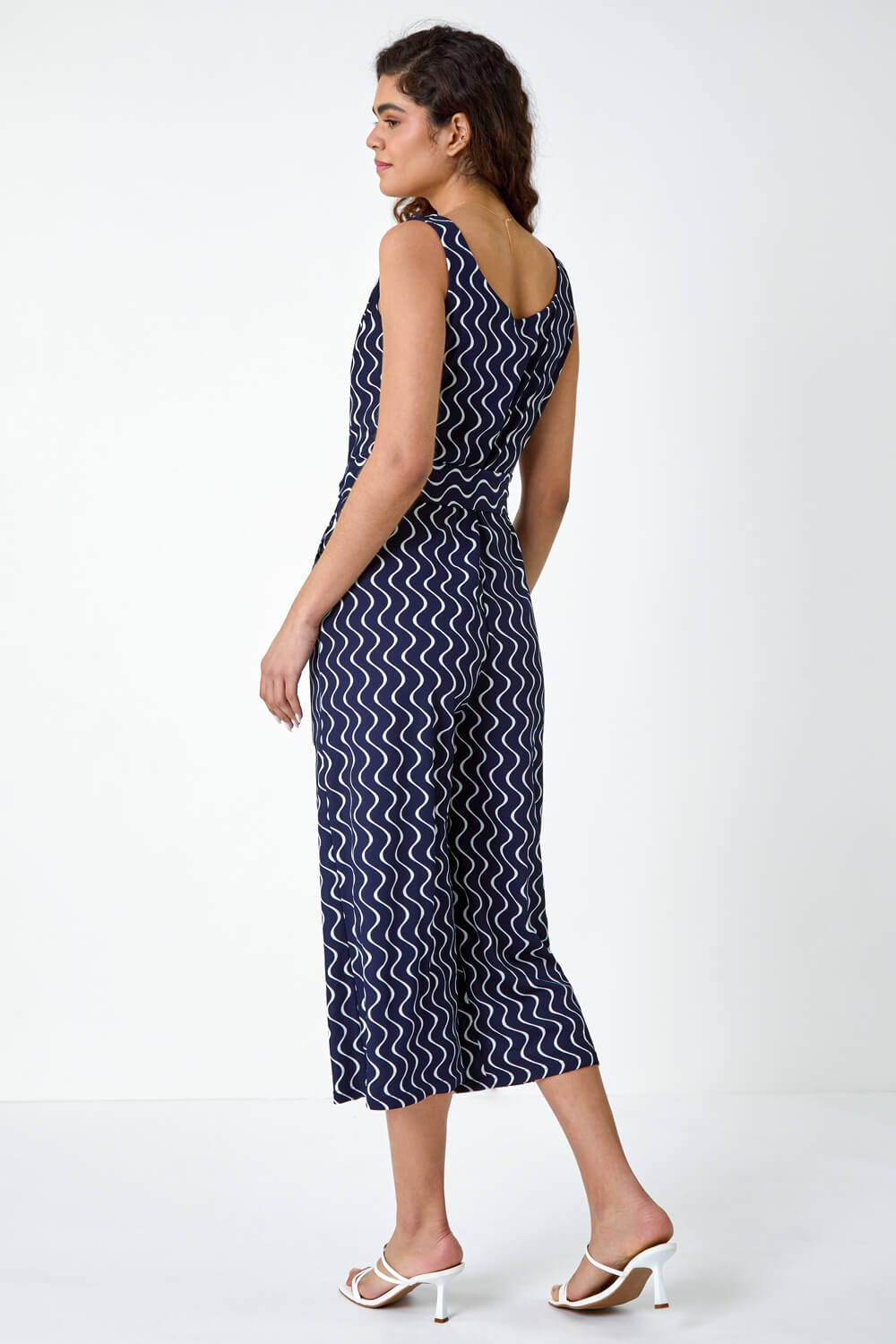 Navy  Belted Wave Print Cropped Jumpsuit, Image 3 of 5