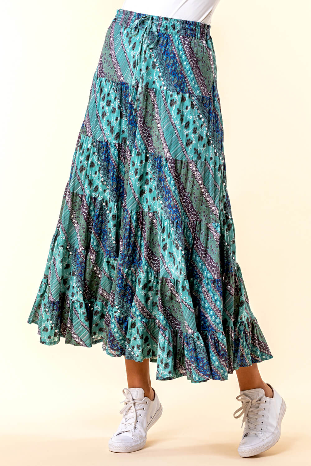 Paisley Print Sequin Embellished Skirt in Turquoise - Roman Originals UK