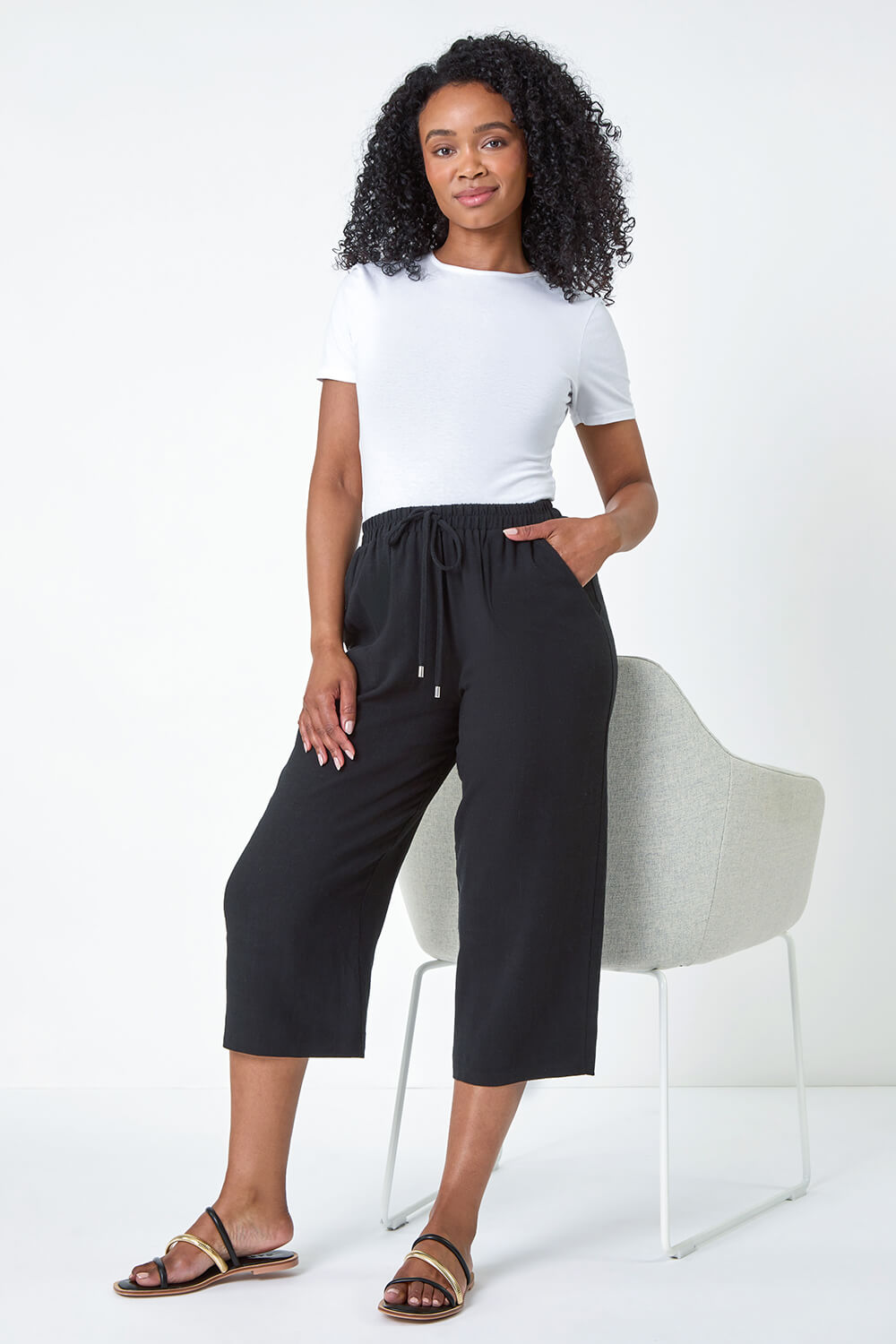 Black Petite Linen Mix Wide Cropped Trousers Petite UK — free download