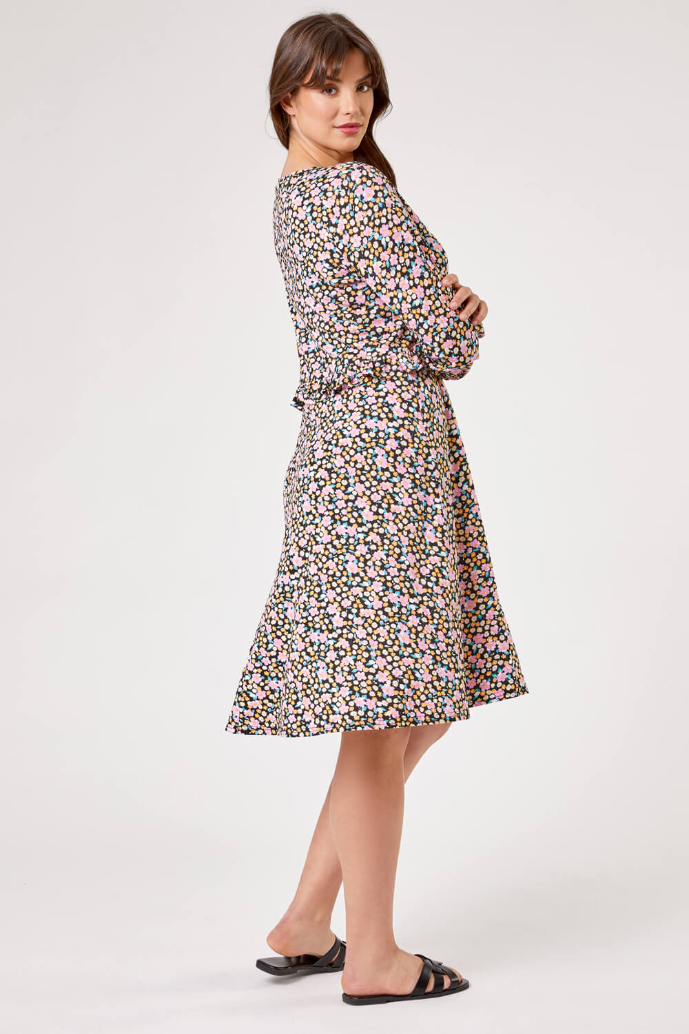 PINK Curve Frill Detail Floral Print Dress, Image 2 of 5