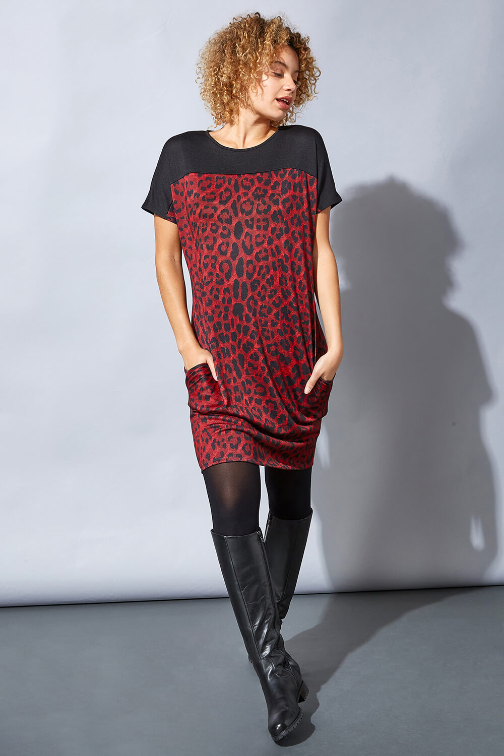 Red Contrast Yoke Animal Leopard Print Cocoon Dress, Image 2 of 4