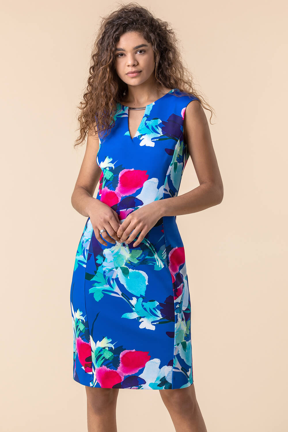 Blue Floral Print Premium Stretch Dress, Image 3 of 4
