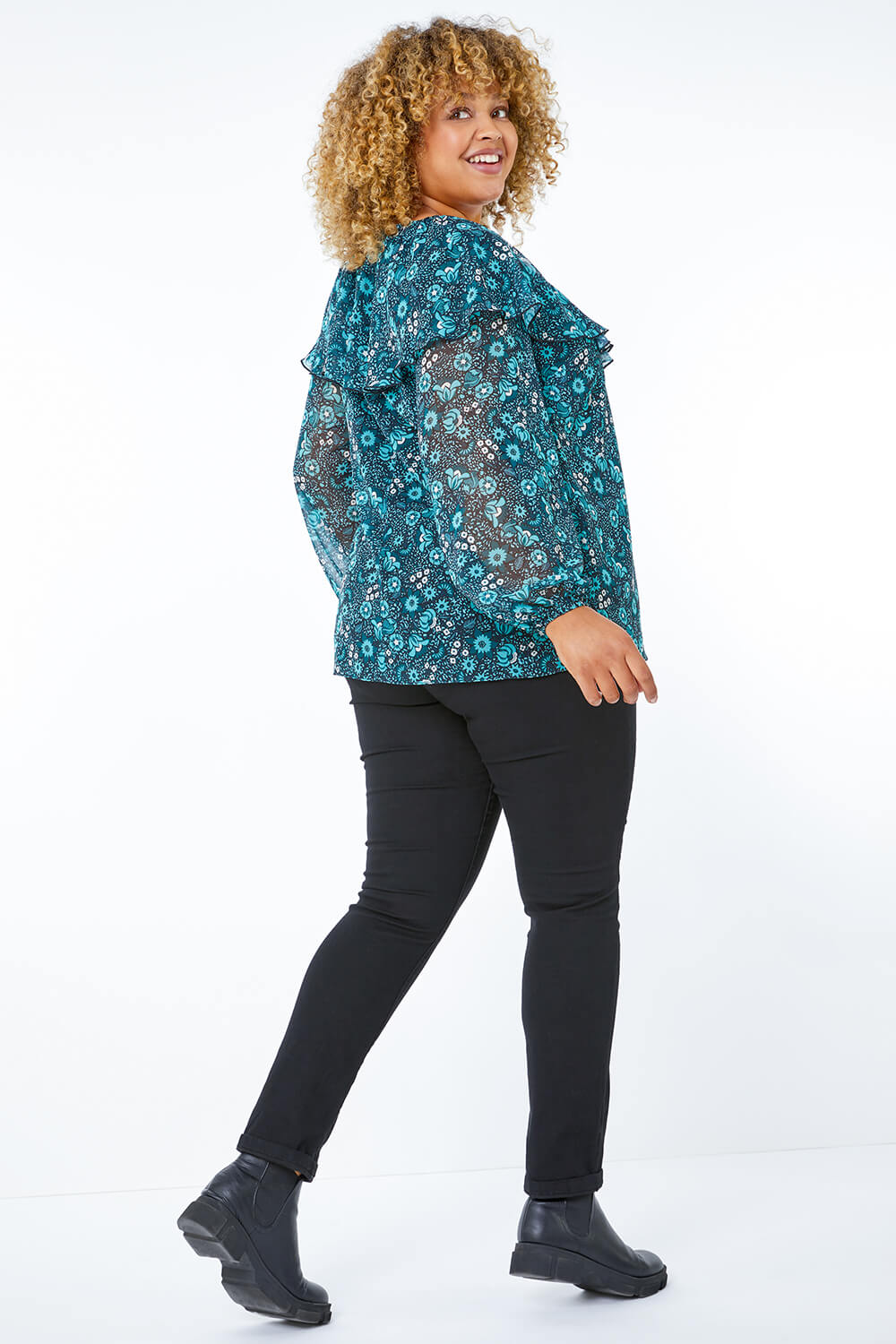 Teal Curve Floral Frill Top, Image 2 of 5