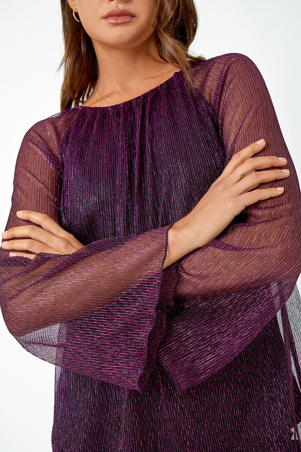 Purple Plisse Overlay Wide Sleeve Top, Image 5 of 5