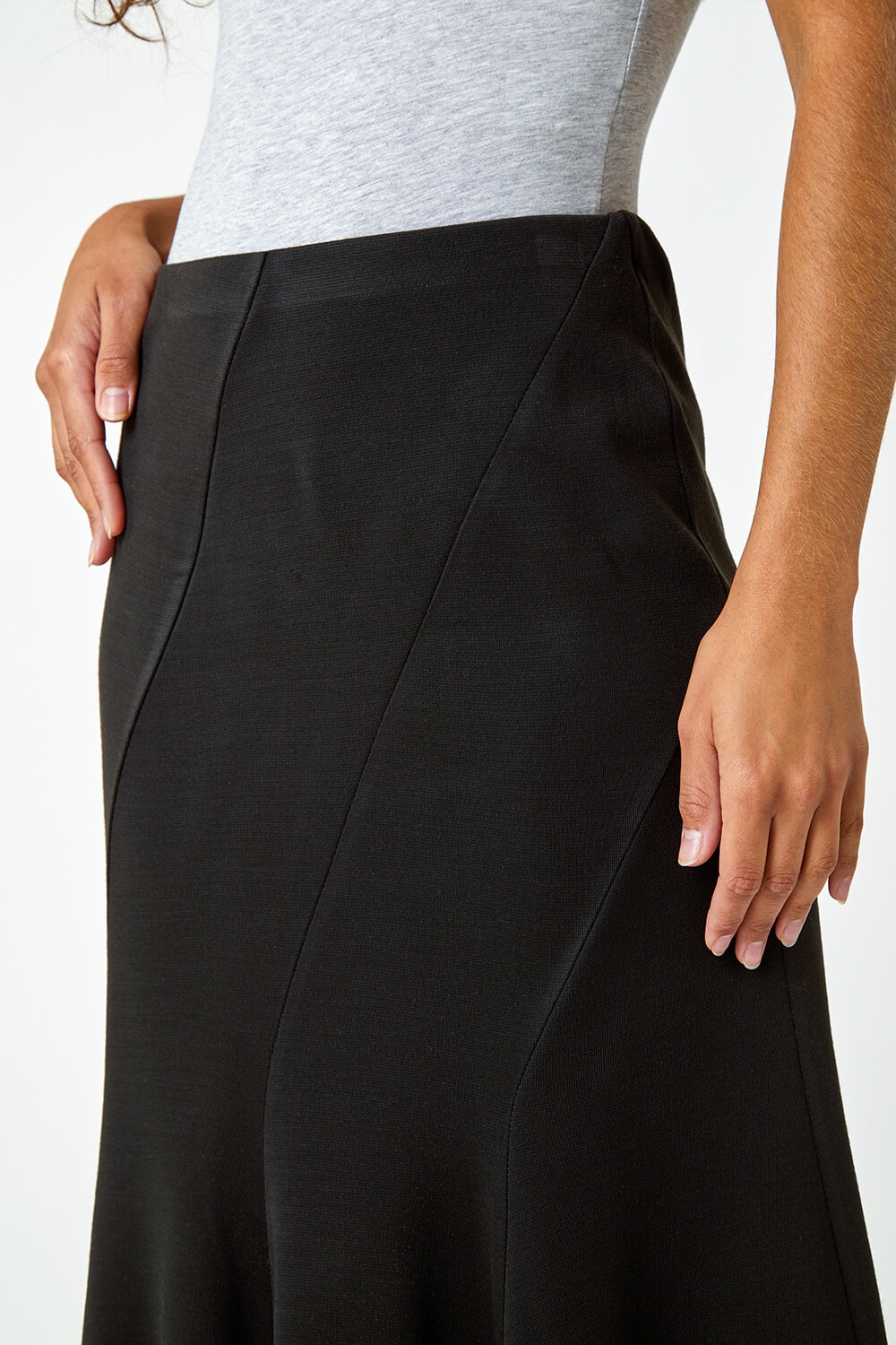 Black Panelled Flared Midi Stretch Skirt, Image 5 of 5