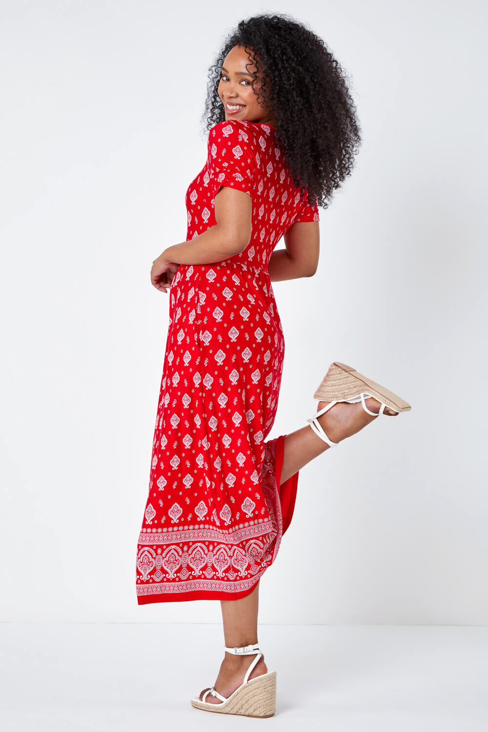 Red Petite Border Print Stretch Midi Dress, Image 3 of 5