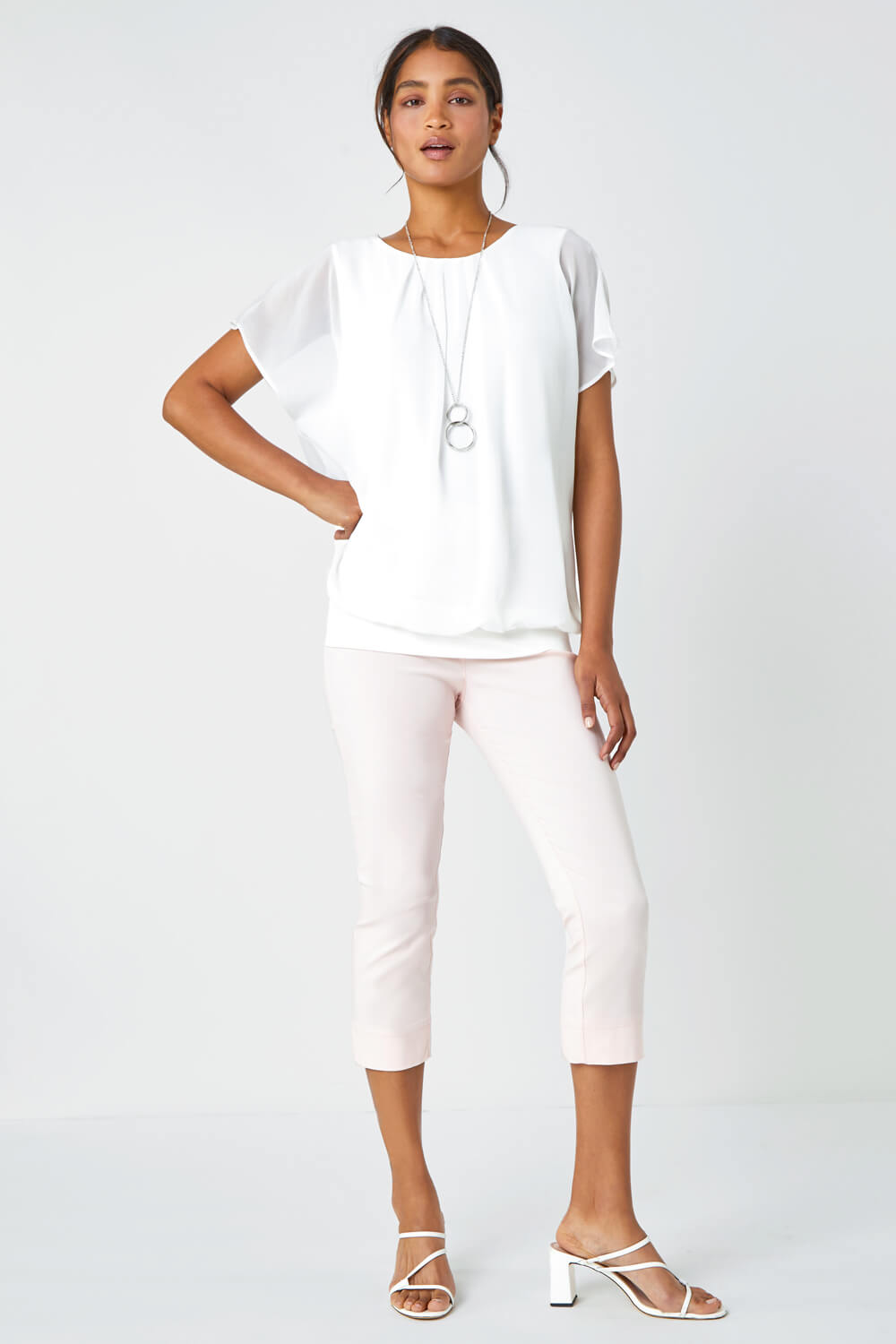 Ivory  Chiffon Jersey Blouson Top with Necklace, Image 4 of 5