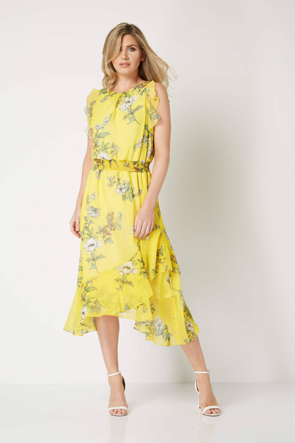 Yellow Floral Frill Midi Dress, Image 2 of 5