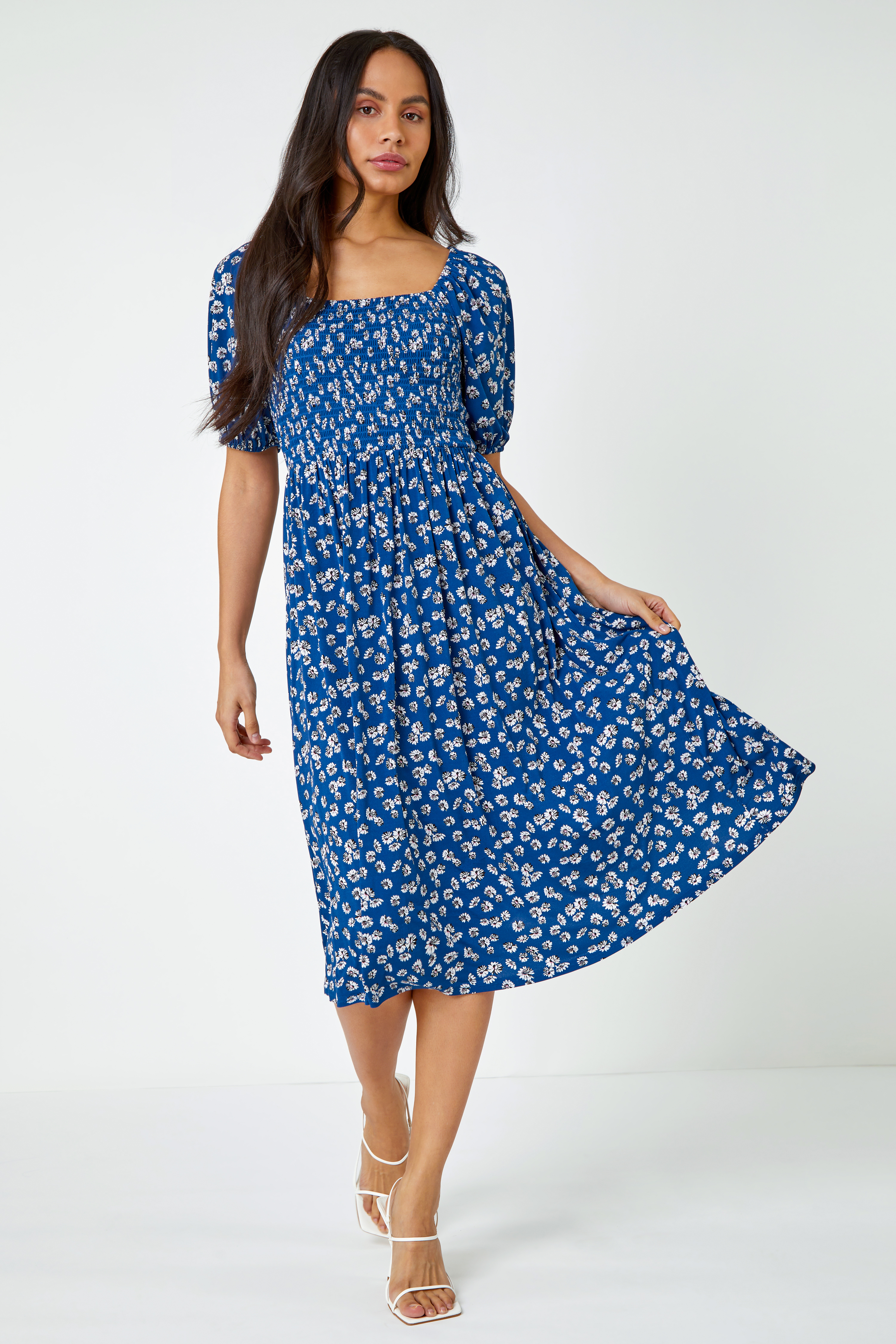 Blue Ditsy Floral Print Shirred Dress