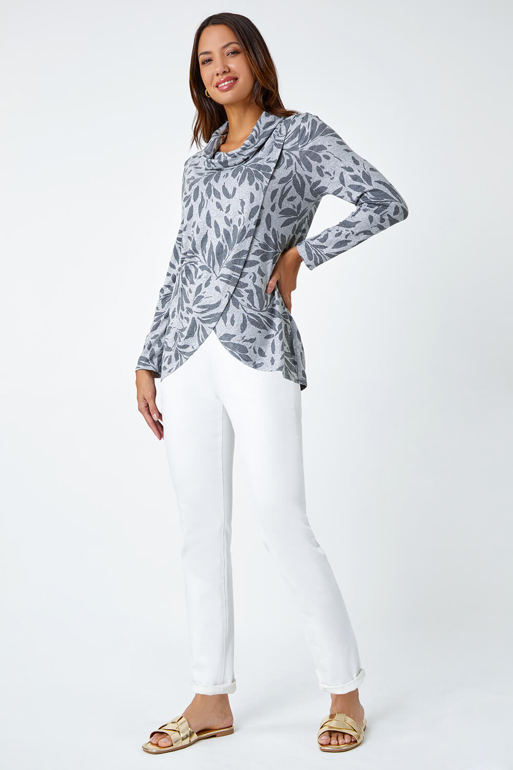 Grey Floral Print Cowl Neck Stretch Top , Image 2 of 5