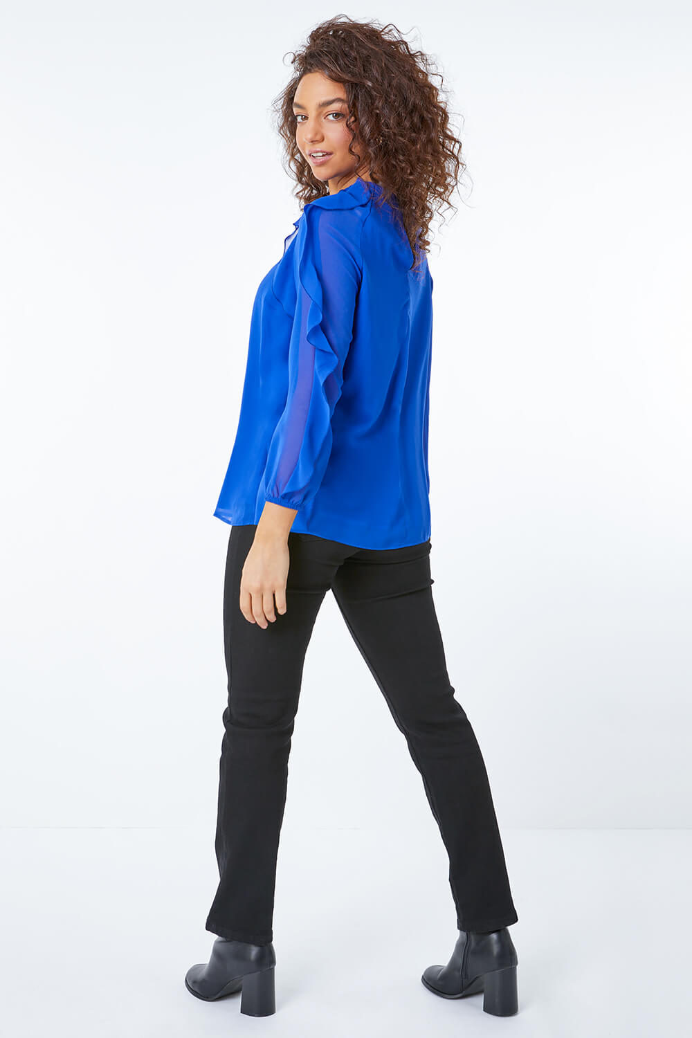 Royal Blue Petite Frill Sleeve Top, Image 3 of 5