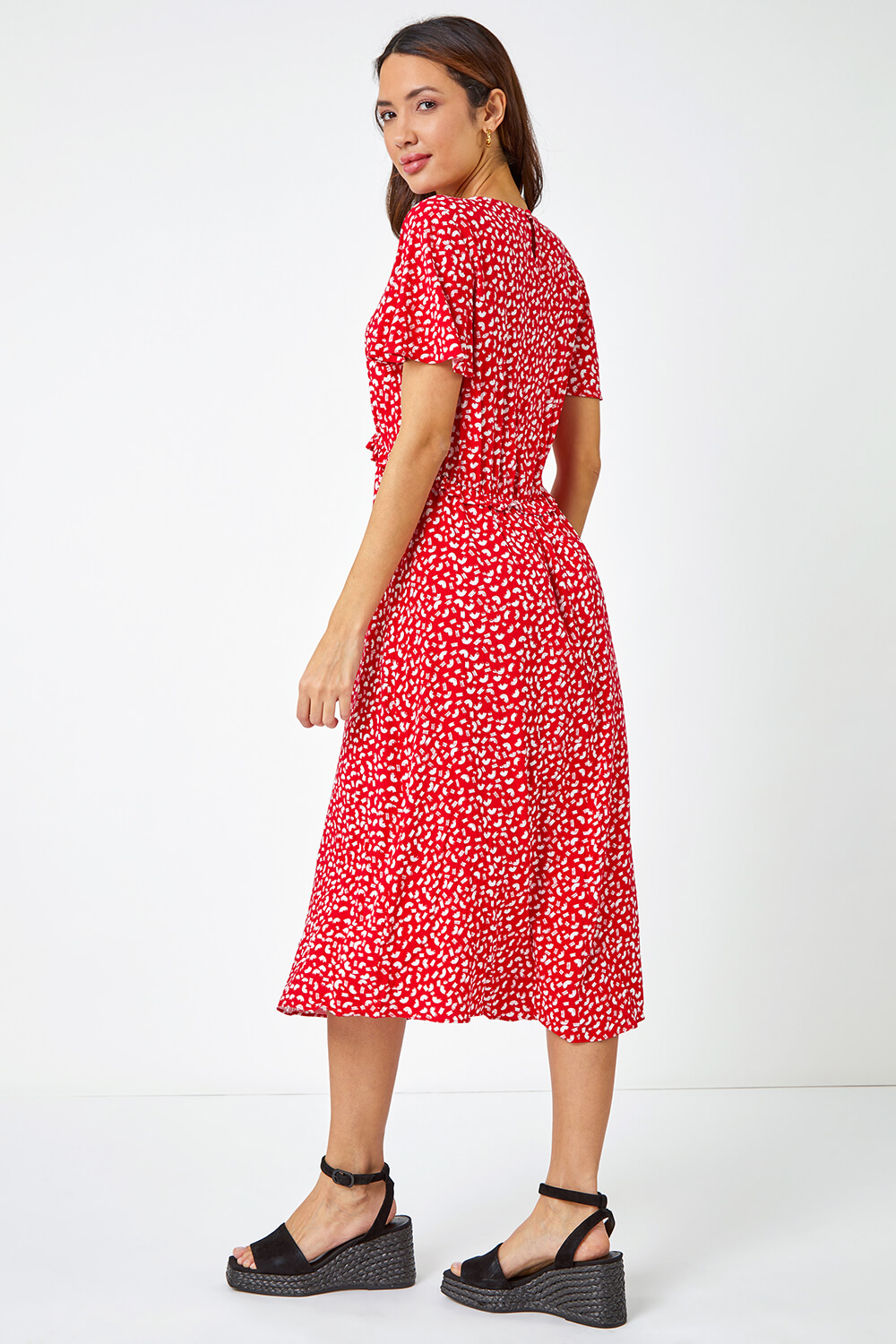 Red Ditsy Print Frill Waist Midi Dress, Image 3 of 5