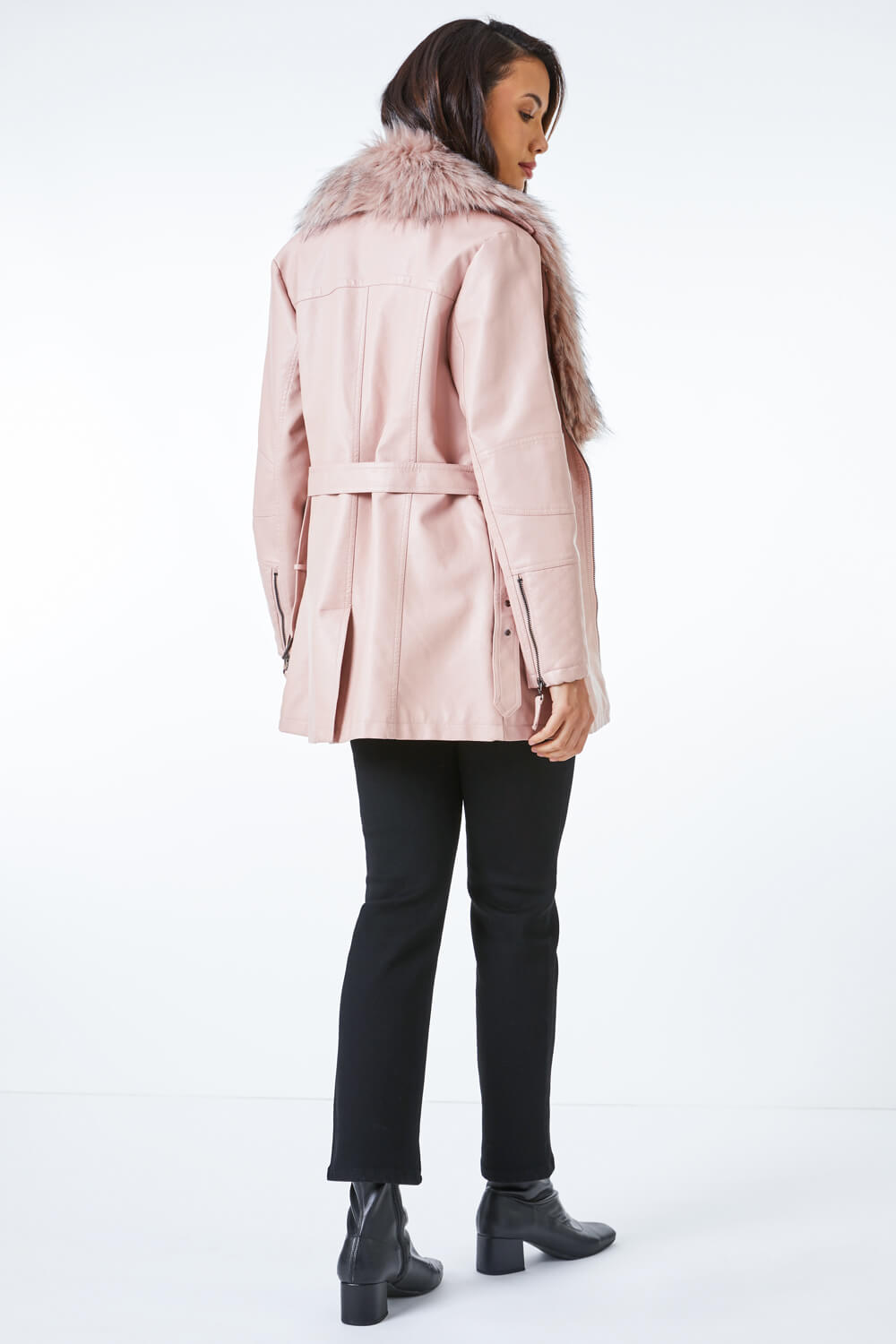PINK Longline Faux Leather Belted Coat, Image 3 of 5