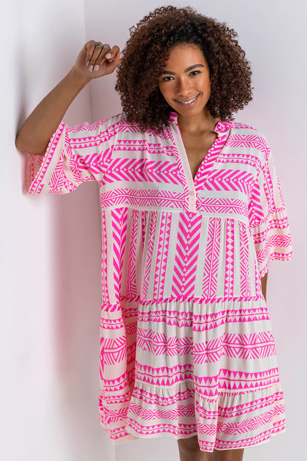 Aztec Print Tiered Beach Dress in Pink - Roman Originals UK