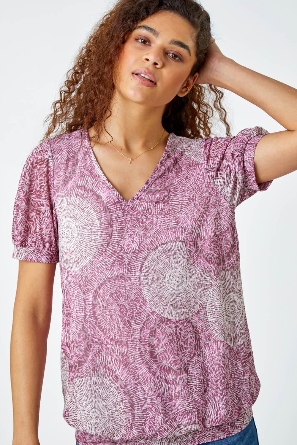 Maroon Abstract Circle Print Blouson Stretch Top, Image 2 of 5