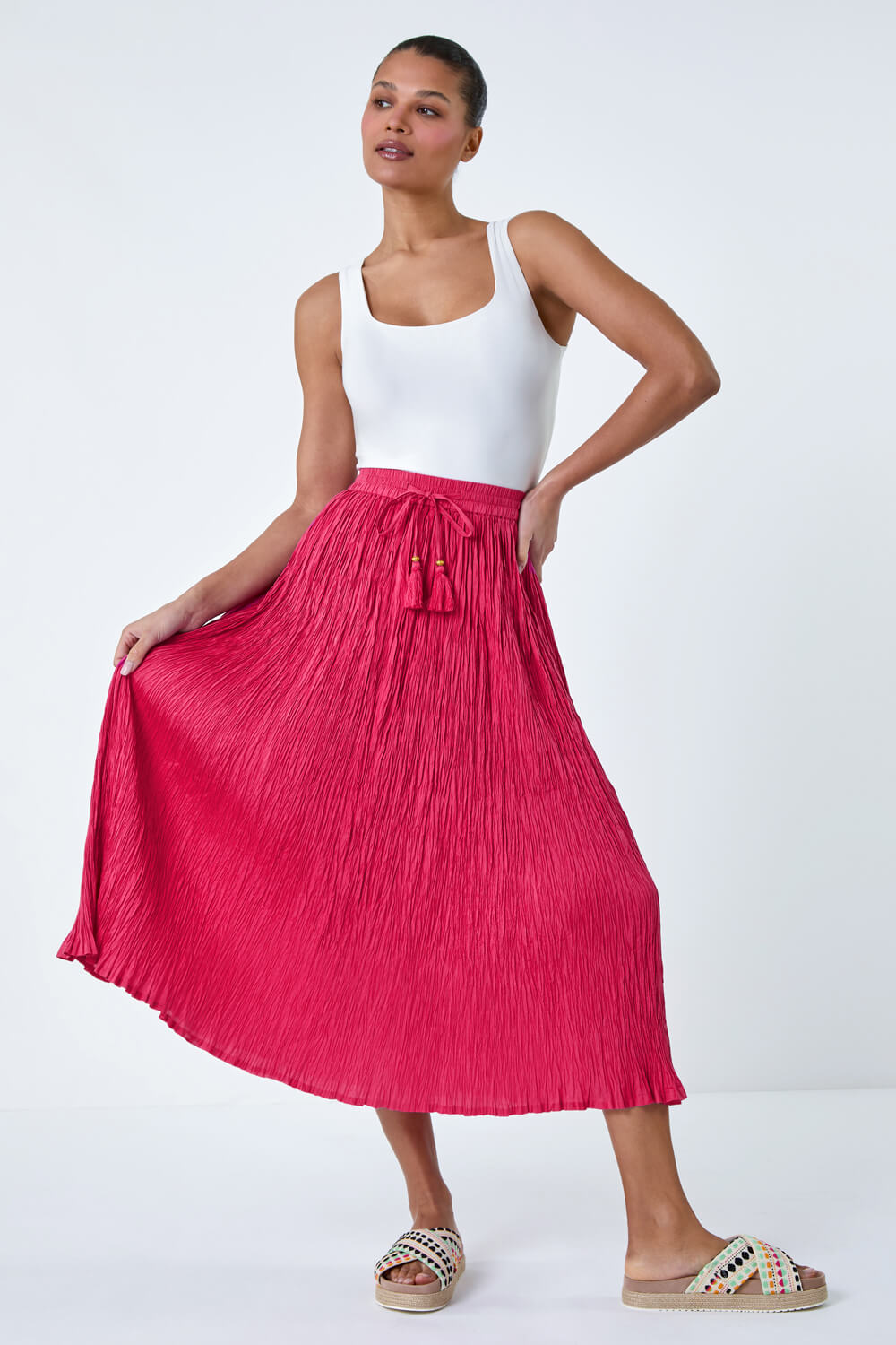 PINK Crinkle Cotton Textured Tassel Midi Skirt, Image 2 of 5