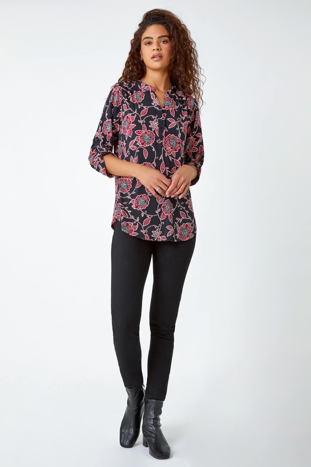 Red Textured Floral Print Stretch Shirt, Image 2 of 5