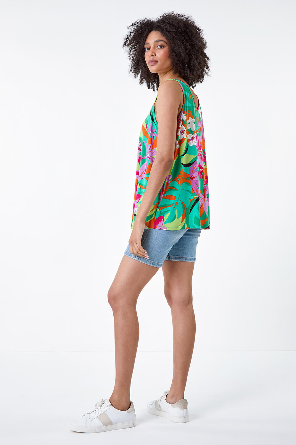 Silk Vest Top with Side Splits in Orange Print