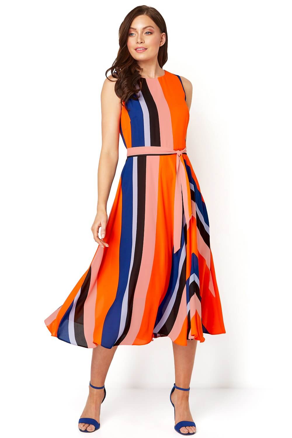 ORANGE Pleated Stripe Fit and Flare Midi Dress, Image 3 of 5