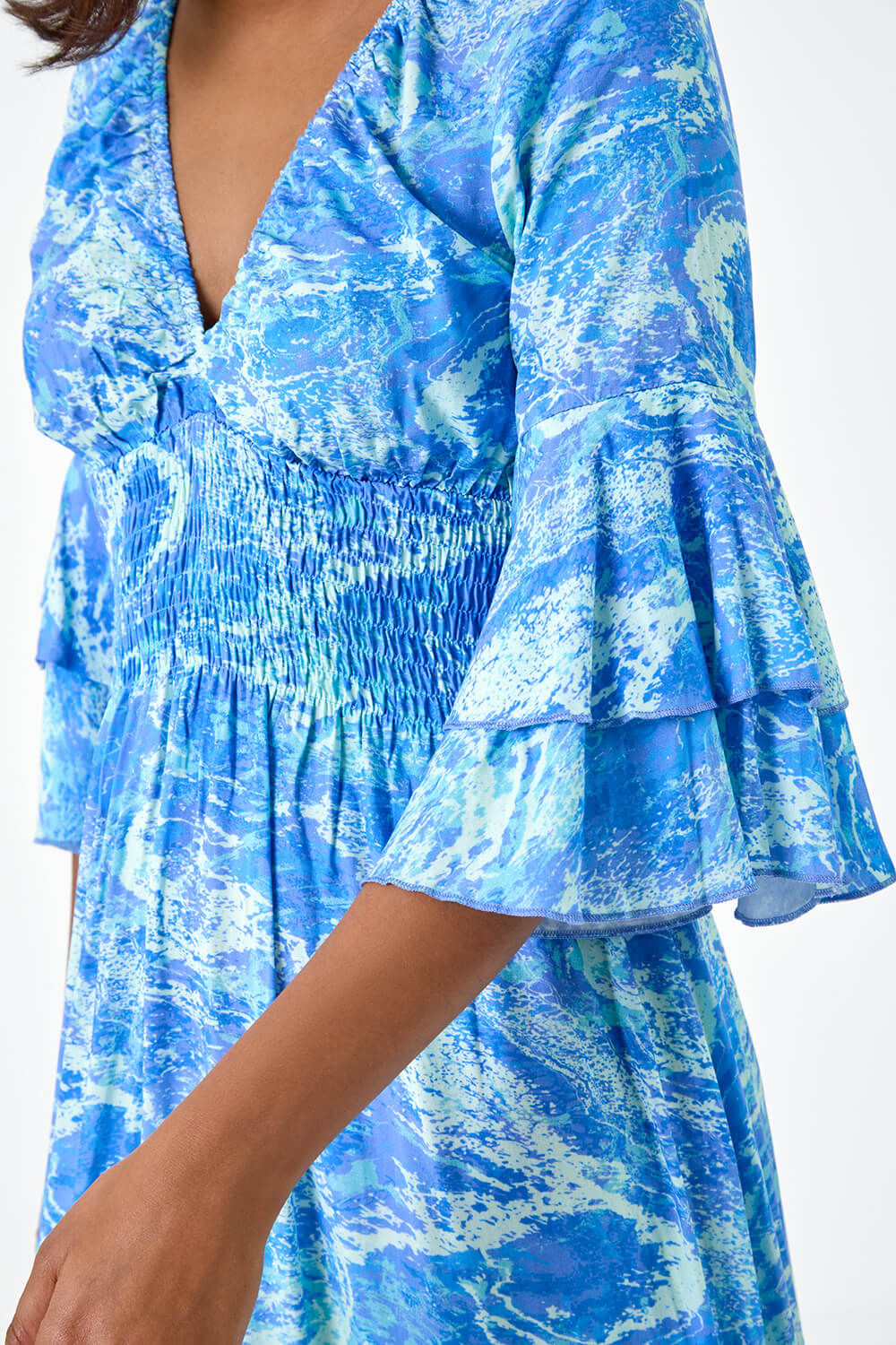 Blue Abstract Ruffle Detail Shirred Maxi Dress, Image 5 of 5
