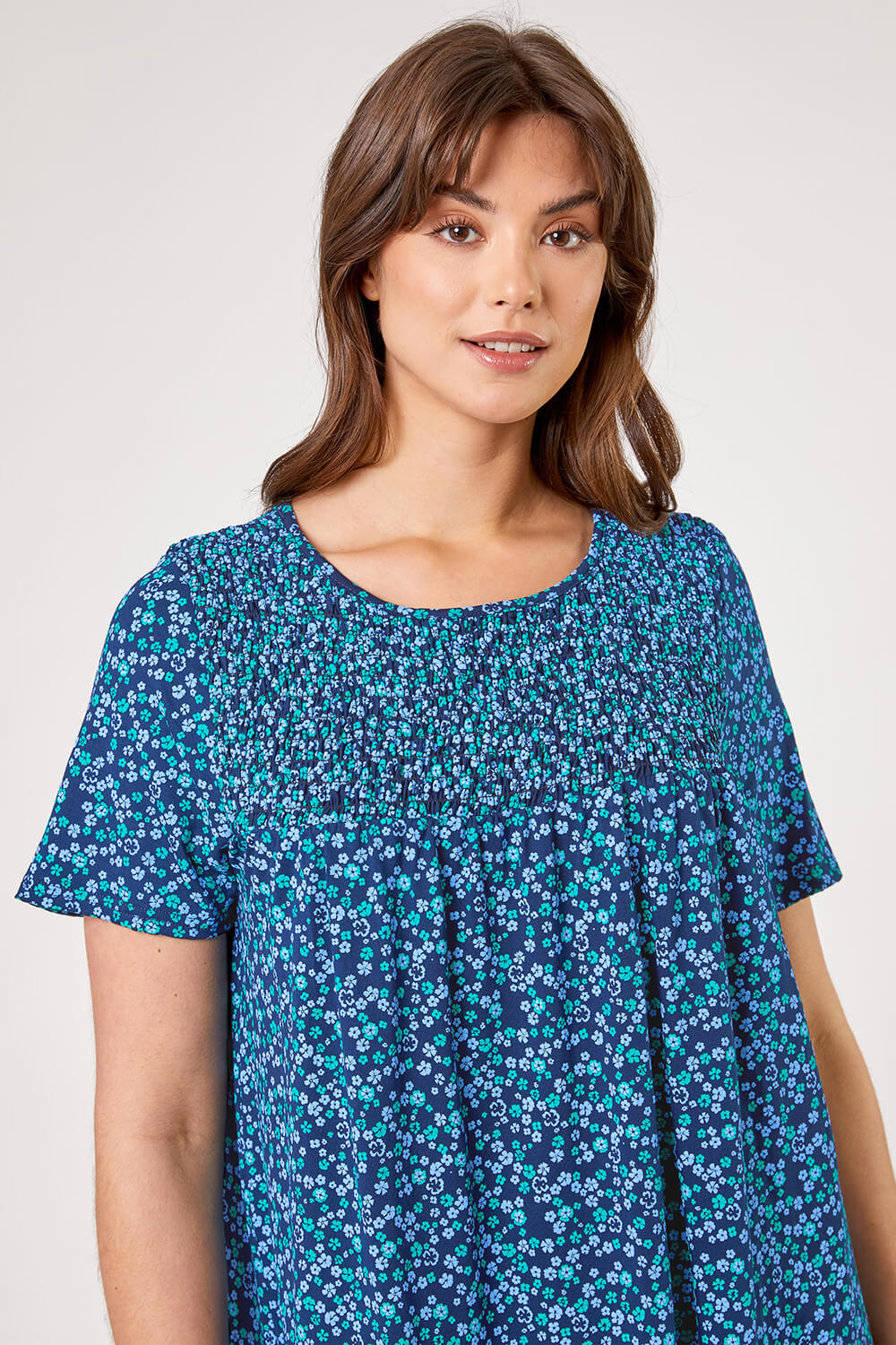 Blue Curve Ditsy Floral Shirred Top, Image 4 of 4