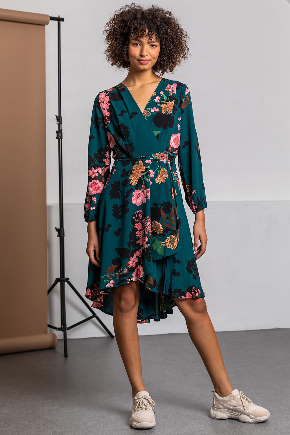 Teal Floral Print Wrap Midi Dress, Image 3 of 5