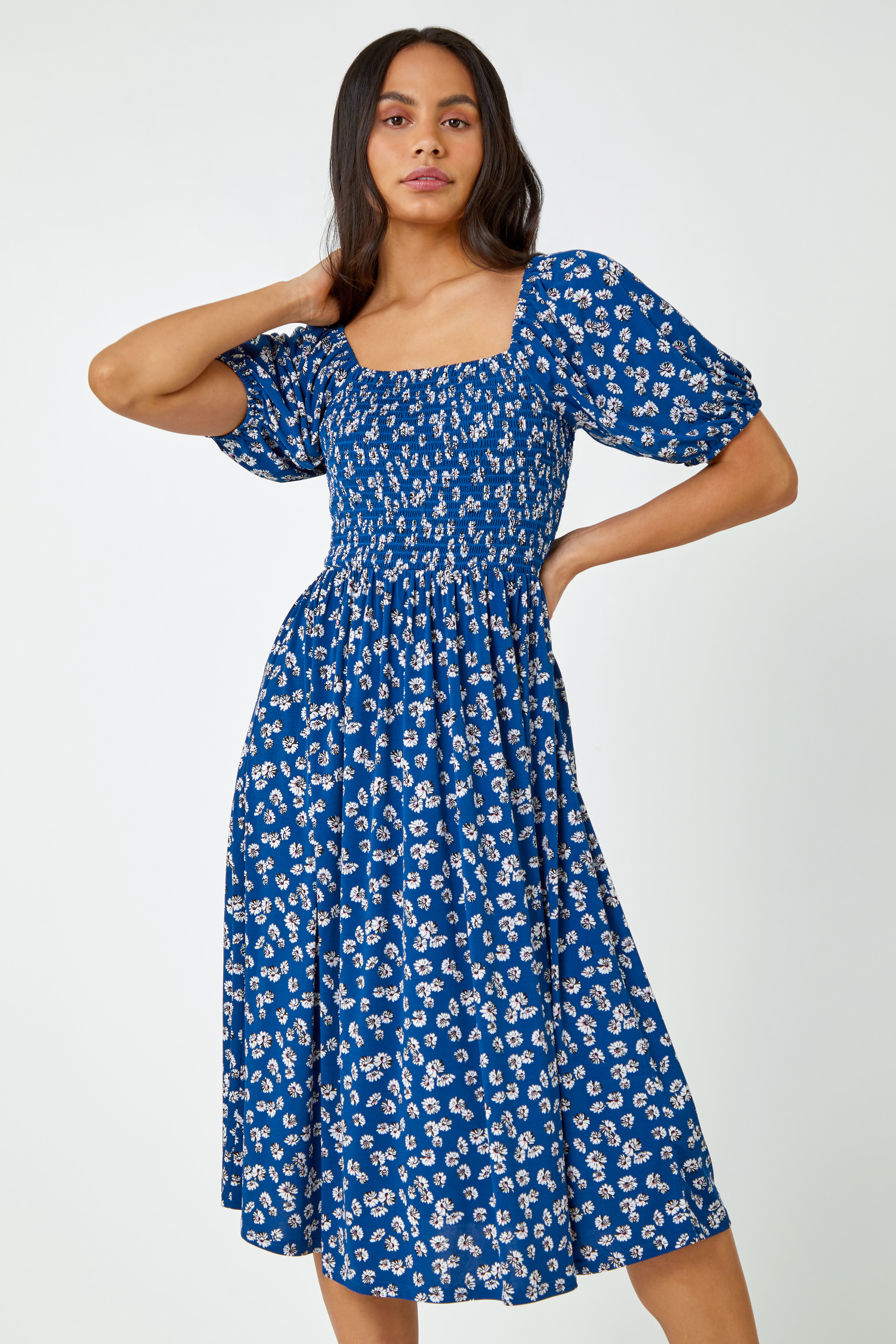 Blue Ditsy Floral Print Shirred Dress, Image 2 of 5