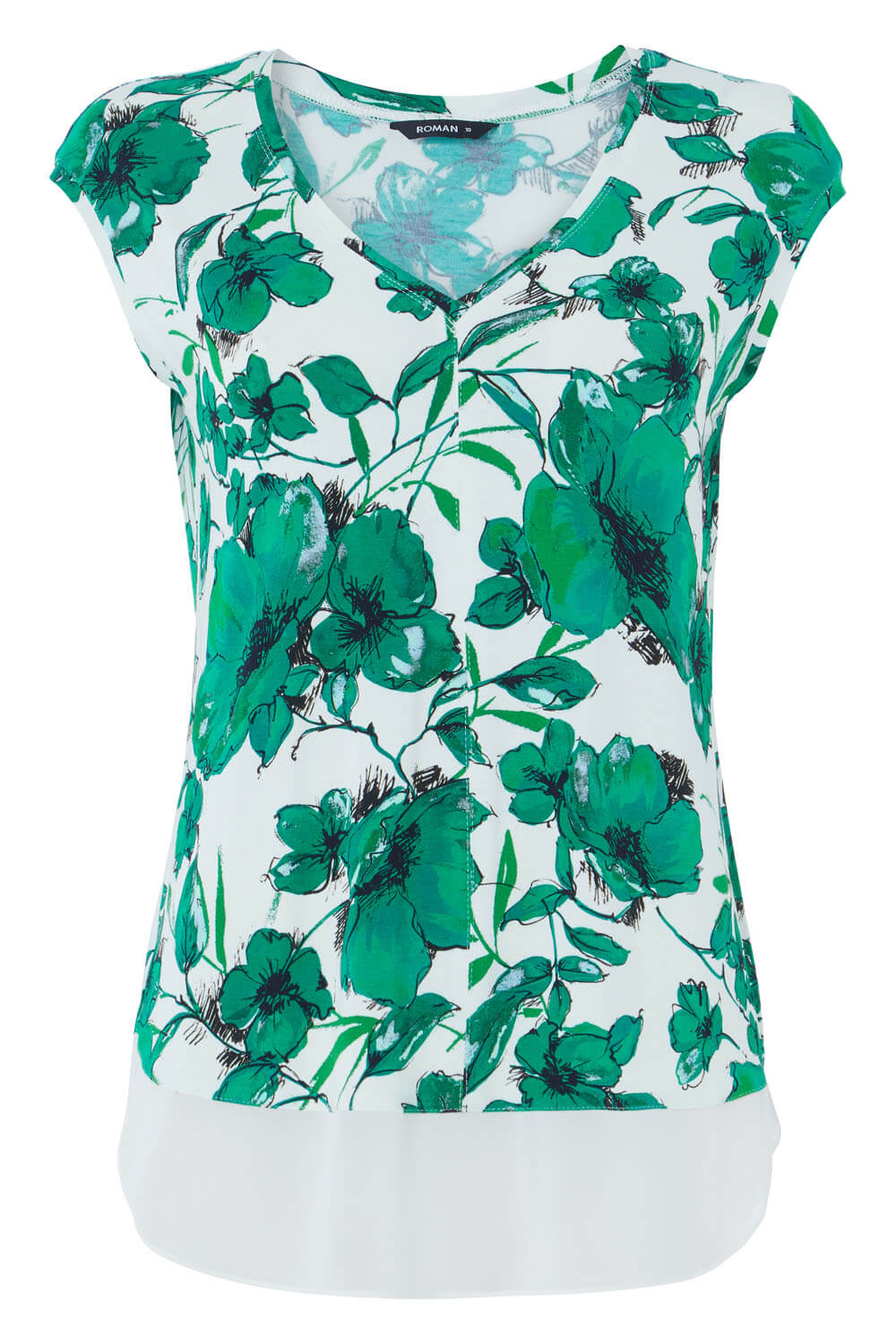 Green Floral Chiffon Hem Short Sleeve Top, Image 4 of 8