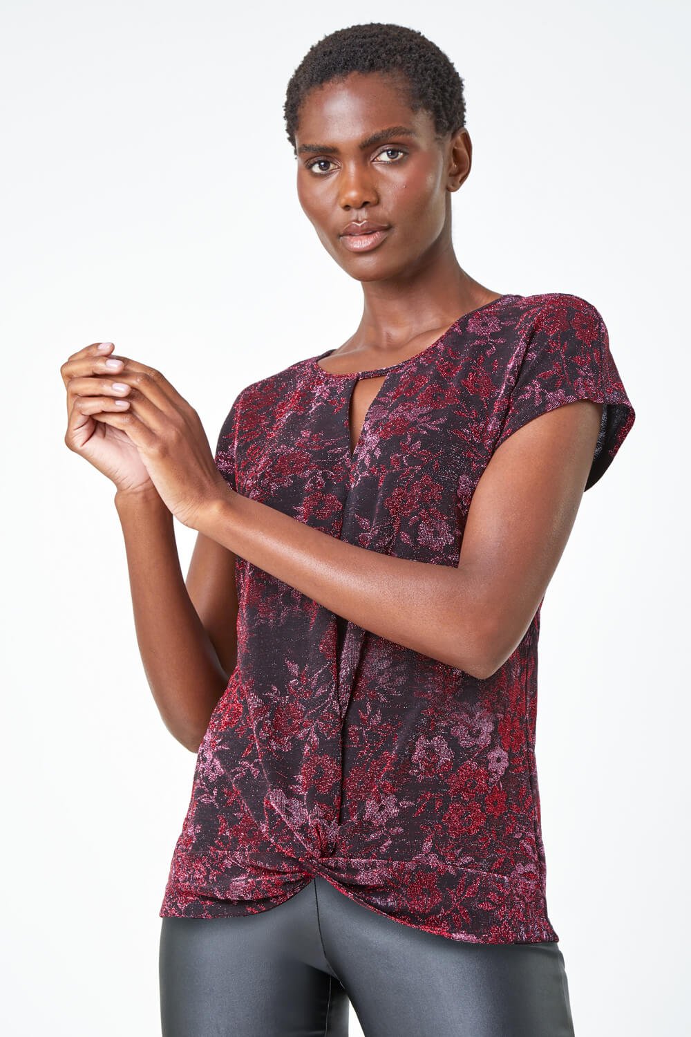 PINK Floral Shimmer Print Knot Stretch Top, Image 2 of 5