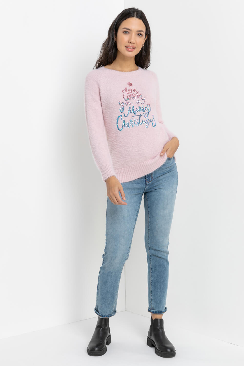 Light Pink Sequin Merry Christmas Jumper, Image 3 of 4