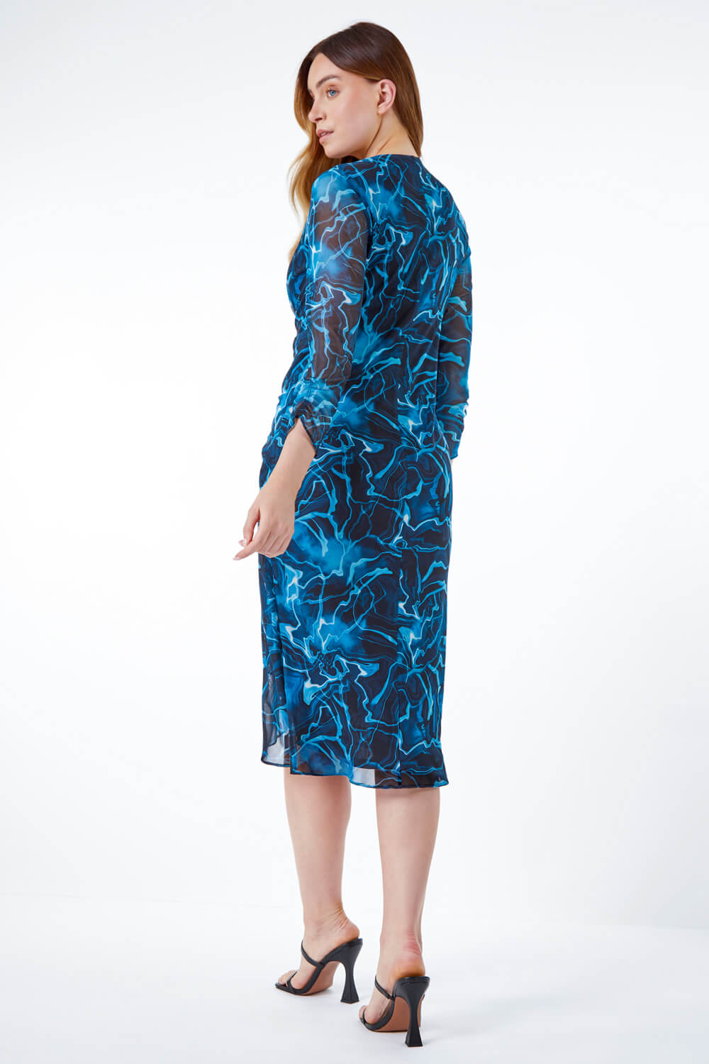 Blue Marble Print Ruched Wrap Dress, Image 3 of 5