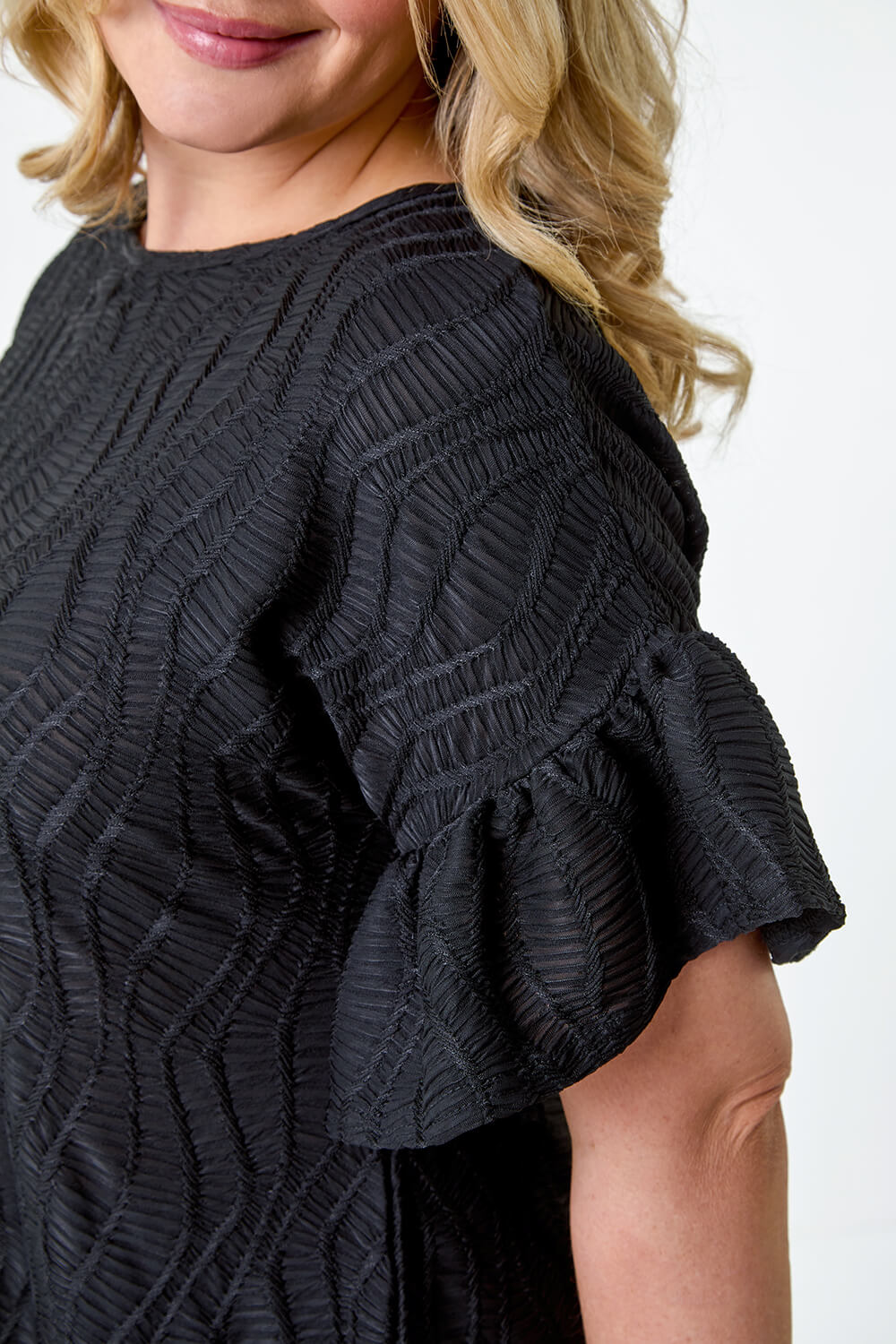 Black Curve Textured Frill Detail Stretch T-Shirt, Image 5 of 5