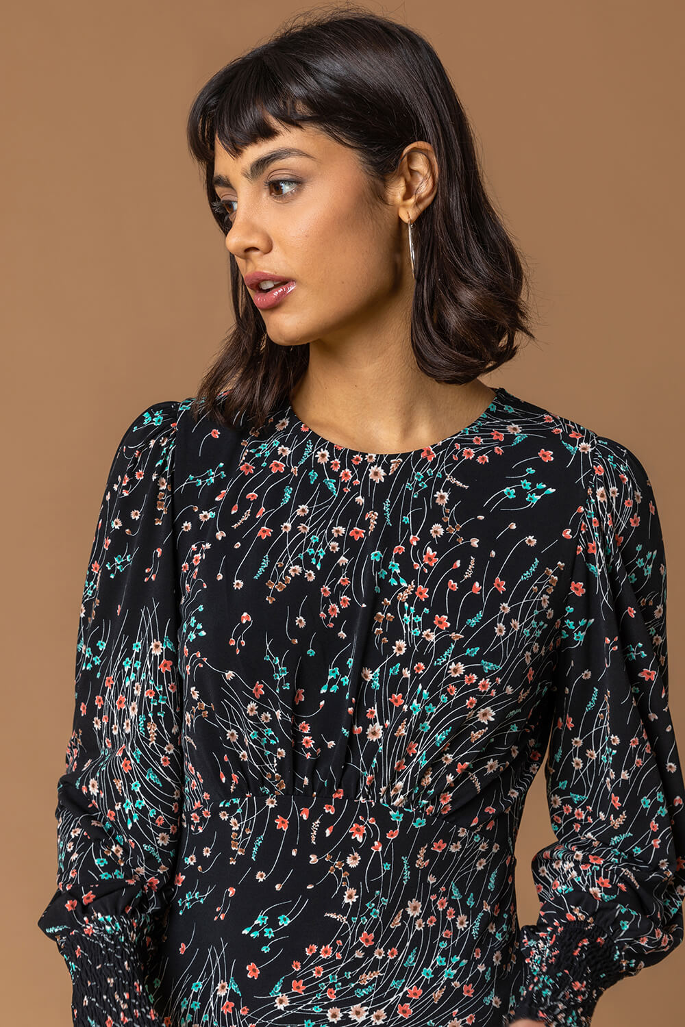 Black Floral Print Gathered Bust Top, Image 4 of 5