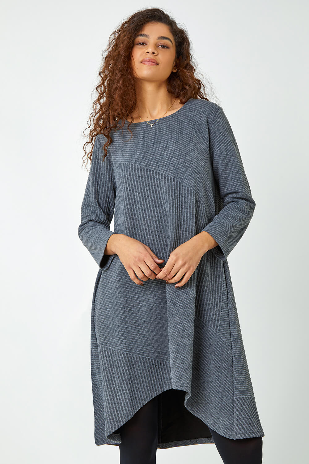 Dark Grey Ribbed Asymmetric Stretch Jersey Dress | Roman UK
