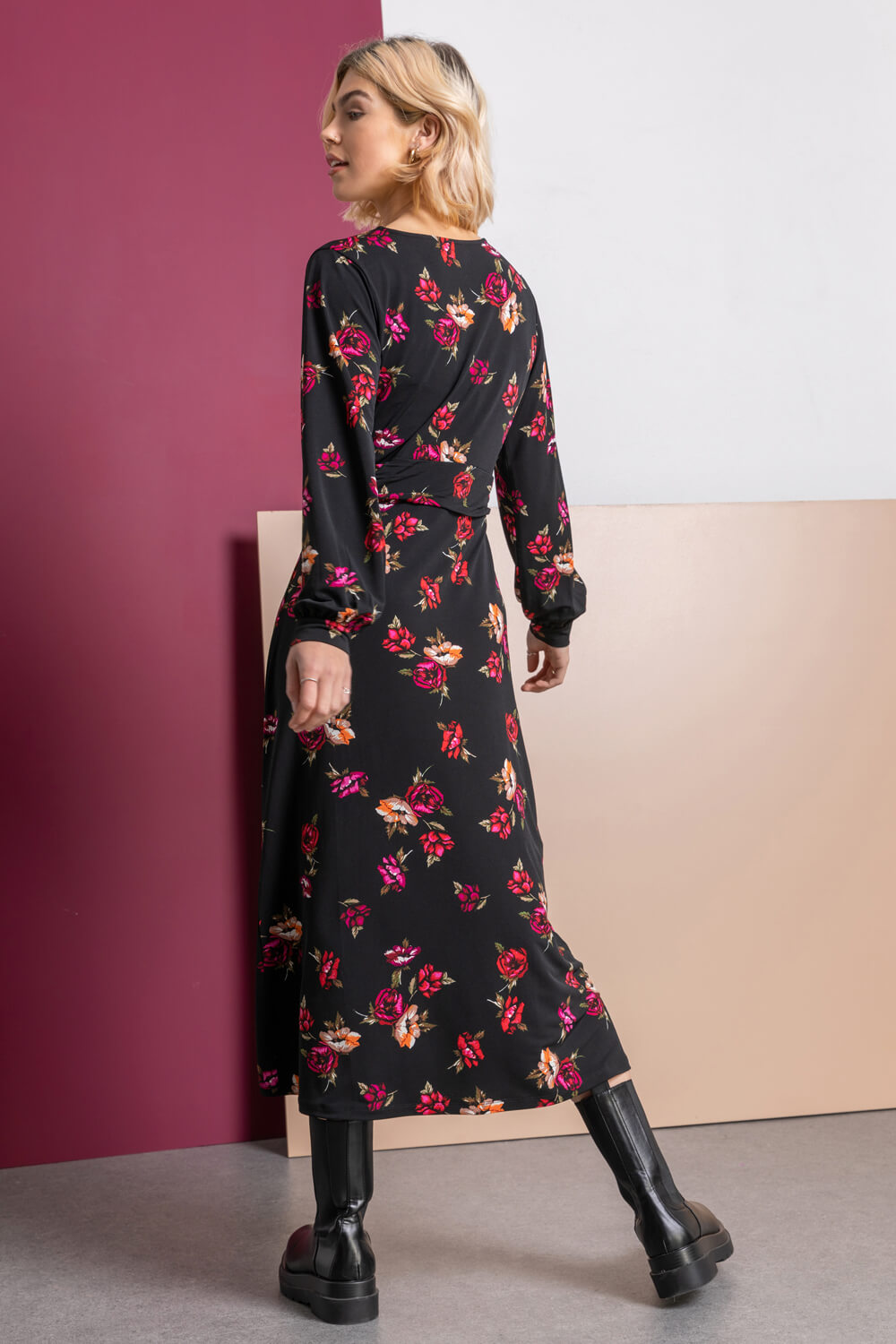 Black Gathered Waist Floral Ruched Midi Dress, Image 2 of 5