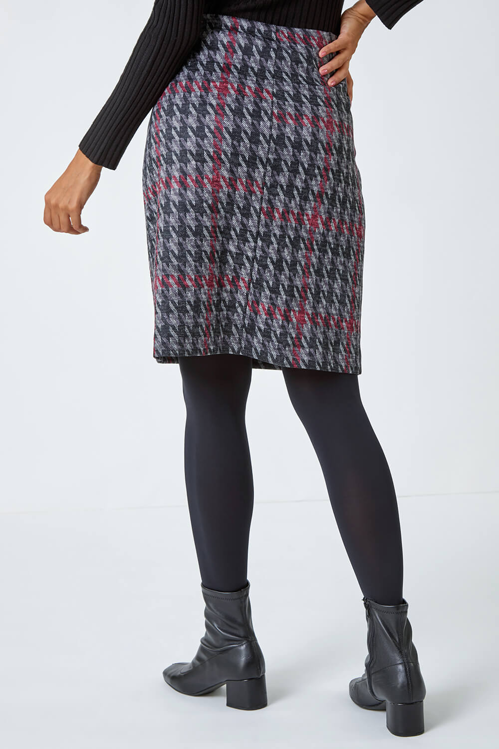 Red Houndstooth Stretch Pencil Skirt, Image 3 of 5