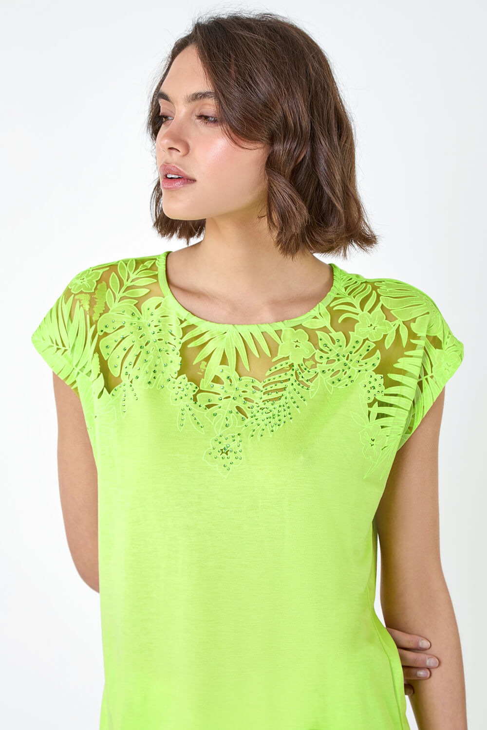 Lime Embellished Palm Print Cut Out T-Shirt, Image 4 of 5